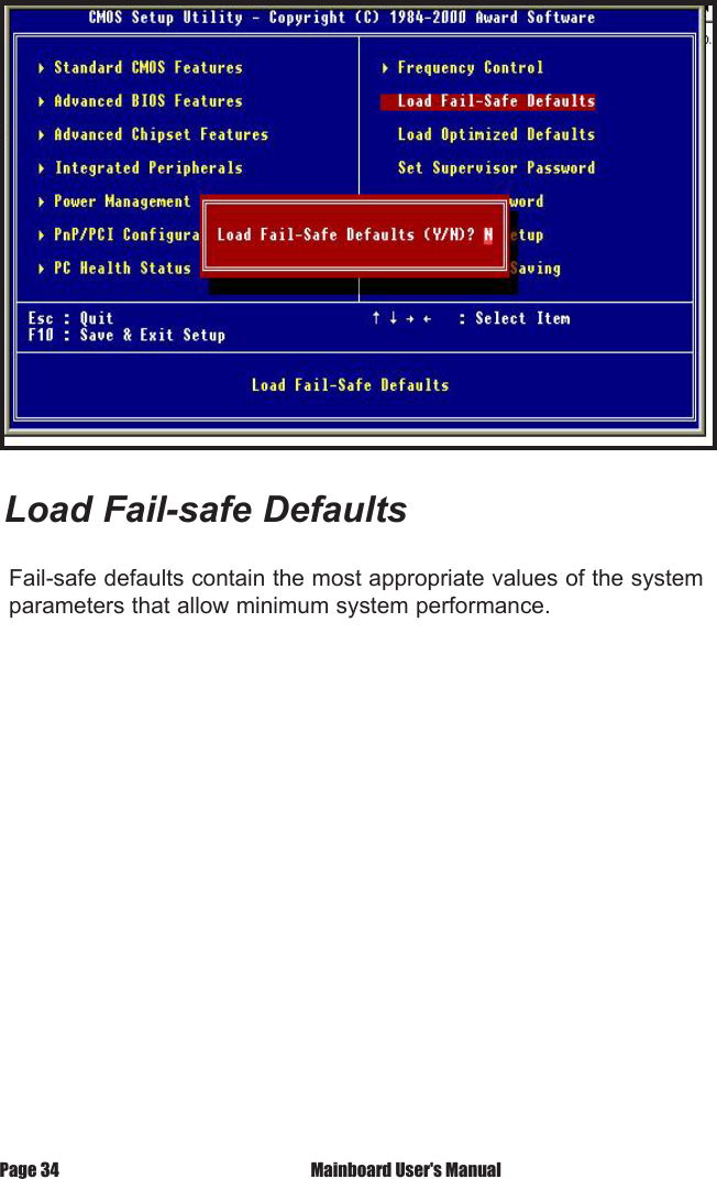Fail-safe defaults contain the most appropriate values of the system parameters that allow minimum system performance.Load Fail-safe Defaults Mainboard User's ManualPage 34