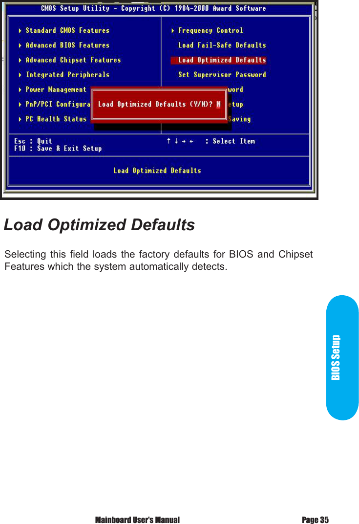 Load Optimized DefaultsSelecting this  field  loads  the  factory  defaults for BIOS  and  Chipset Features which the system automatically detects.BIOS SetupPage 35 Mainboard User's Manual
