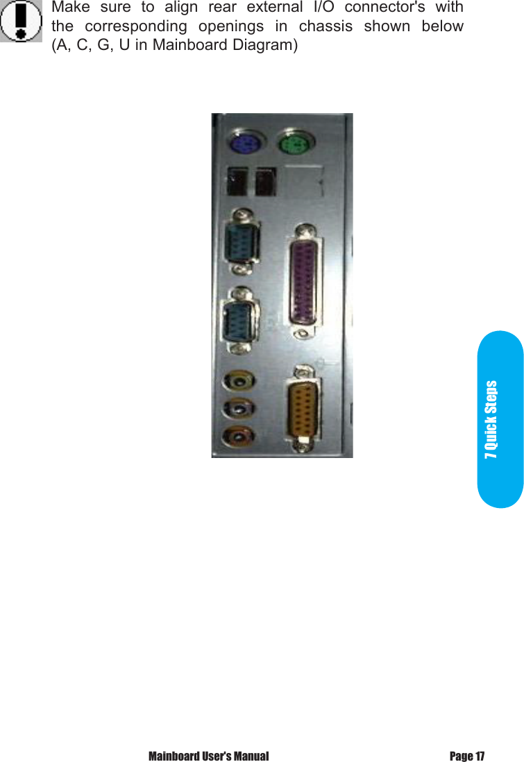  Mainboard User's Manual Page 17Make  sure  to  align  rear  external  I/O  connector's  with the  corresponding  openings  in  chassis  shown  below (A, C, G, U in Mainboard Diagram)7 Quick Steps
