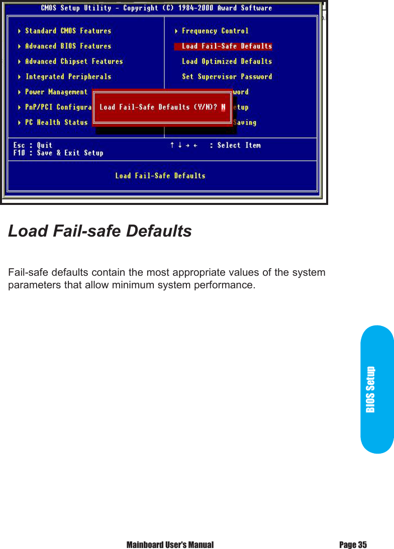 BIOS SetupFail-safe defaults contain the most appropriate values of the system parameters that allow minimum system performance.Load Fail-safe Defaults Mainboard User's Manual Page 35