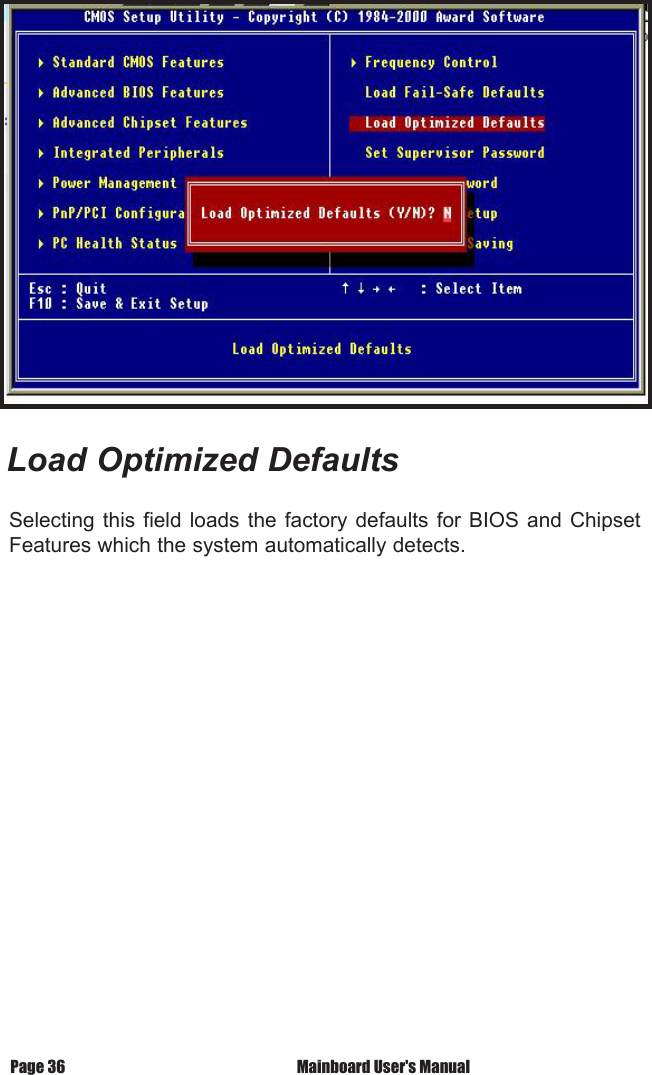 Load Optimized DefaultsSelecting this  field  loads  the  factory defaults  for  BIOS  and  Chipset Features which the system automatically detects.Page 36  Mainboard User's Manual
