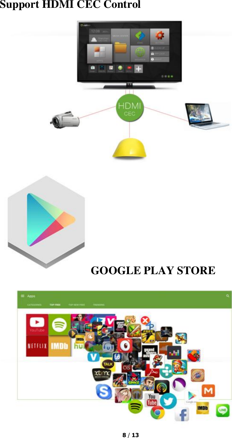  8 / 13  Support HDMI CEC Control  GOOGLE PLAY STORE  