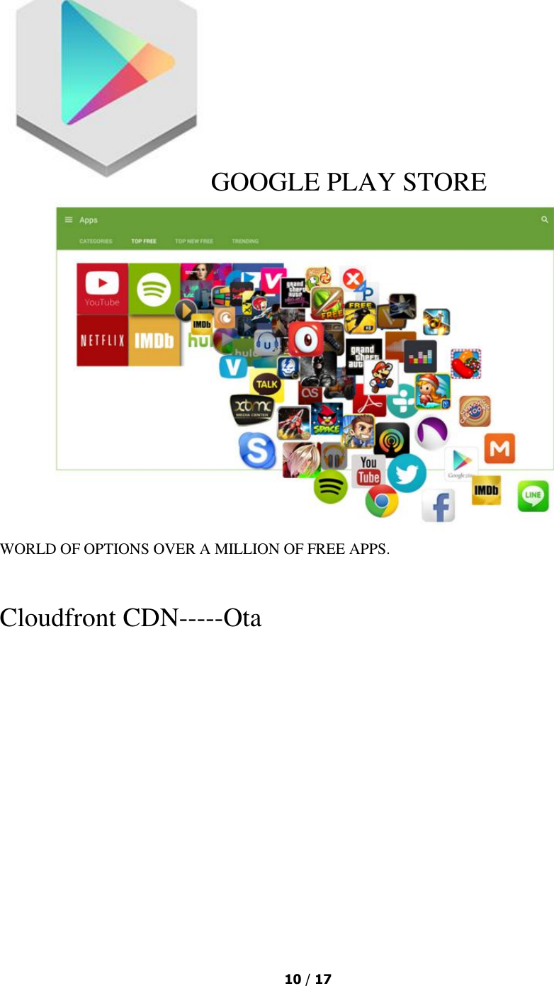  10 / 17  GOOGLE PLAY STORE  WORLD OF OPTIONS OVER A MILLION OF FREE APPS.  Cloudfront CDN-----Ota 