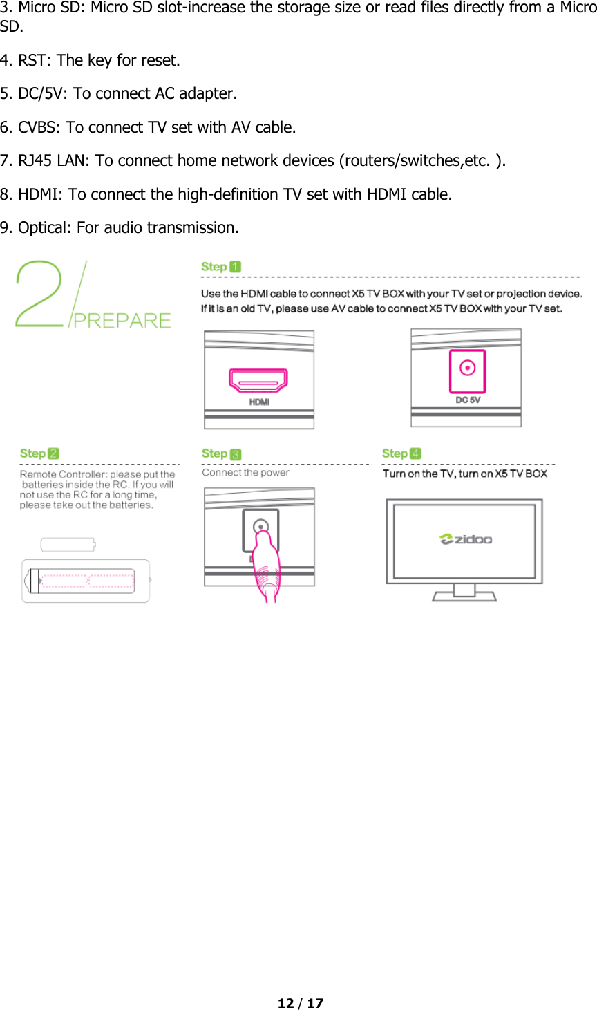  12 / 17  3. Micro SD: Micro SD slot-increase the storage size or read files directly from a Micro SD. 4. RST: The key for reset. 5. DC/5V: To connect AC adapter. 6. CVBS: To connect TV set with AV cable. 7. RJ45 LAN: To connect home network devices (routers/switches,etc. ). 8. HDMI: To connect the high-definition TV set with HDMI cable. 9. Optical: For audio transmission.  