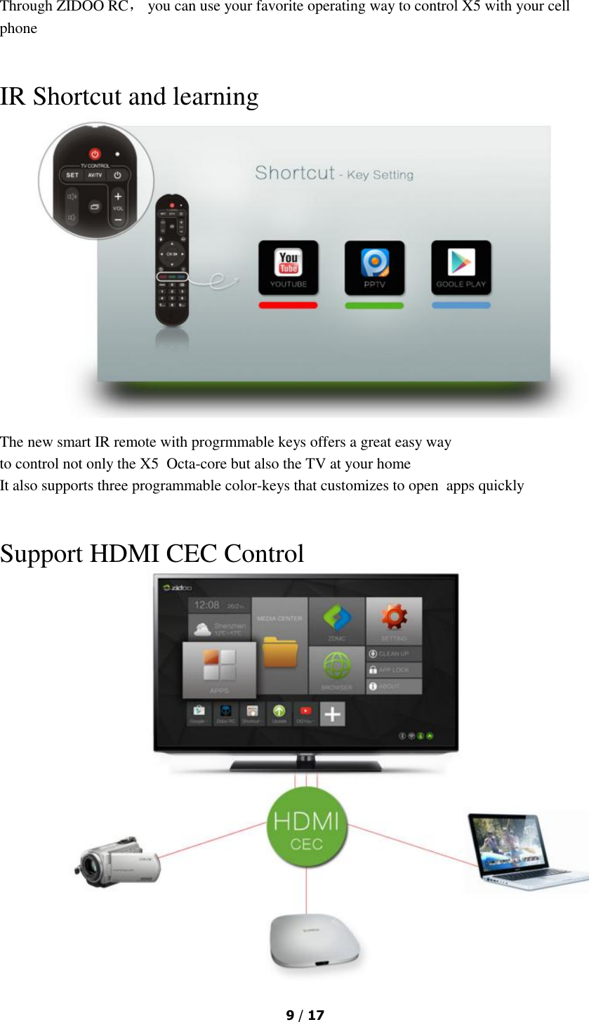  9 / 17  Through ZIDOO RC， you can use your favorite operating way to control X5 with your cell phone  IR Shortcut and learning  The new smart IR remote with progrmmable keys offers a great easy way to control not only the X5  Octa-core but also the TV at your home It also supports three programmable color-keys that customizes to open  apps quickly  Support HDMI CEC Control   