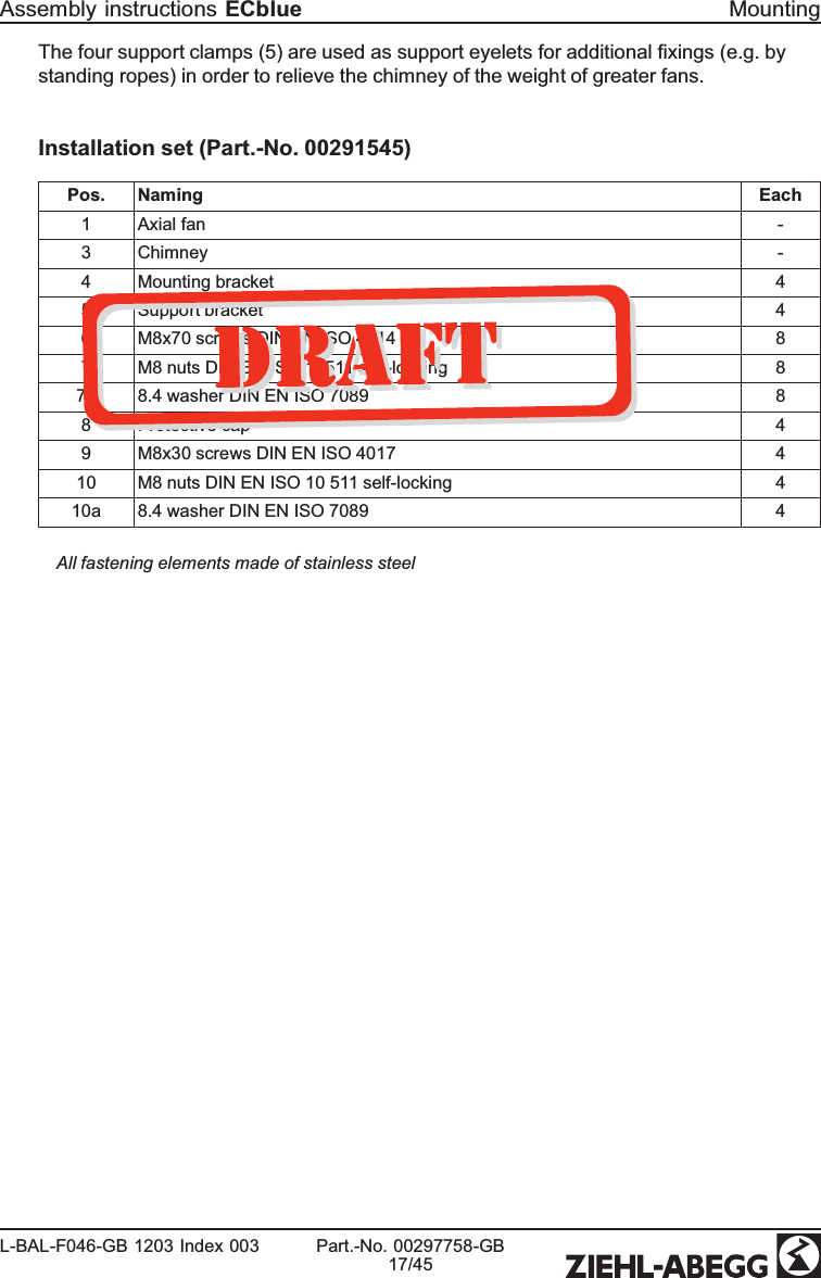 The four support clamps (5) are used as support eyelets for additional ﬁxings (e.g. by standing ropes) in order to relieve the chimney of the weight of greater fans.Installation set (Part.-No. 00291545)Pos. Naming Each1 Axial fan -3 Chimney -4 Mounting bracket 45 Support bracket 46 M8x70 screws DIN EN ISO 4014 87 M8 nuts DIN EN ISO 10511 self-locking 87a 8.4 washer DIN EN ISO 7089 88 Protective cap 49 M8x30 screws DIN EN ISO 4017 410 M8 nuts DIN EN ISO 10 511 self-locking 410a 8.4 washer DIN EN ISO 7089 4All fastening elements made of stainless steelAssembly instructions ECblue MountingL-BAL-F046-GB 1203 Index 003 Part.-No. 00297758-GB17/45