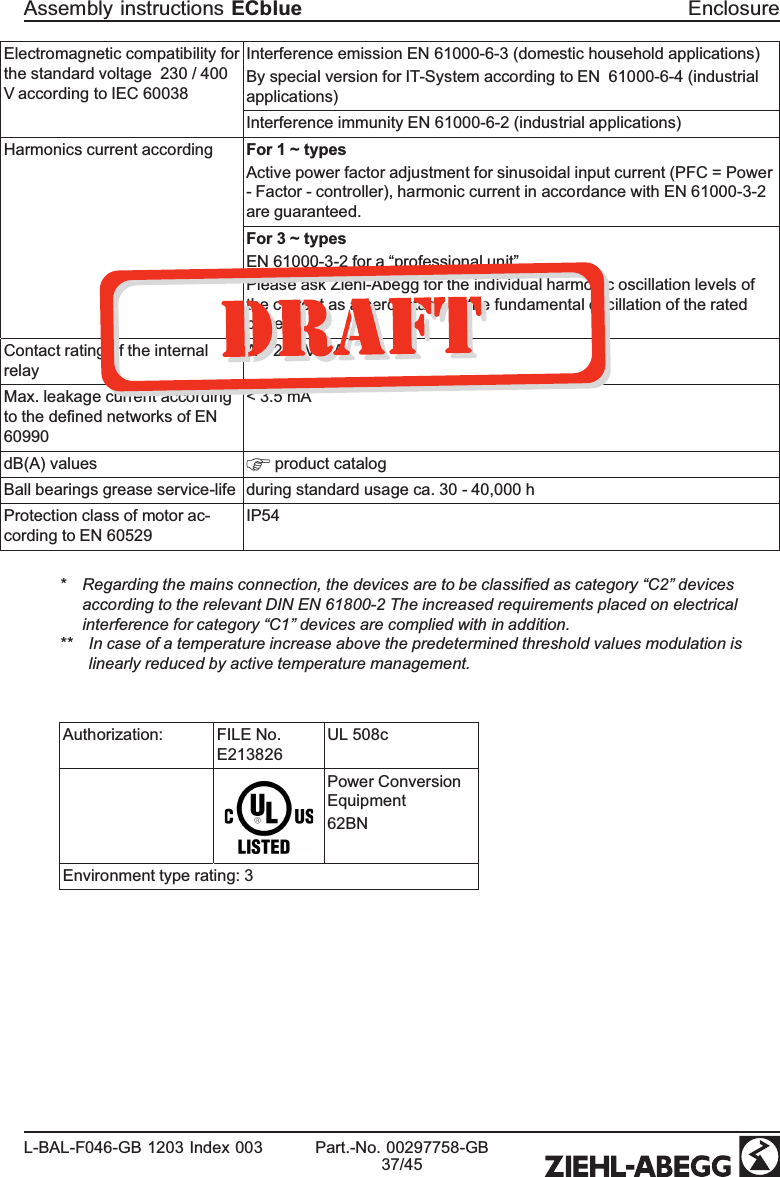 Electromagnetic compatibility for the standard voltage  230 / 400 V according to IEC 60038Interference emission EN 61000-6-3 (domestic household applications)By special version for IT-System according to EN  61000-6-4 (industrial applications)Interference immunity EN 61000-6-2 (industrial applications)Harmonics current according For 1 ~ typesActive power factor adjustment for sinusoidal input current (PFC = Power - Factor - controller), harmonic current in accordance with EN 61000-3-2 are guaranteed. For 3 ~ typesEN 61000-3-2 for a “professional unit”.Please ask Ziehl-Abegg for the individual harmonic oscillation levels of the current as a percentage of the fundamental oscillation of the rated current.Contact rating of the internal relayAC 250 V 2 AMax. leakage current according to the deﬁned networks of EN 60990&lt; 3.5 mAdB(A) values  product catalog Ball bearings grease service-life during standard usage ca. 30 - 40,000 hProtection class of motor ac-cording to EN 60529IP54* Regarding the mains connection, the devices are to be classiﬁed as category “C2” devices according to the relevant DIN EN 61800-2 The increased requirements placed on electrical interference for category “C1” devices are complied with in addition. ** In case of a temperature increase above the predetermined threshold values modulation is linearly reduced by active temperature management.Authorization:  FILE No. E213826UL 508cPower Conversion Equipment62BNEnvironment type rating: 3Assembly instructions ECblue EnclosureL-BAL-F046-GB 1203 Index 003 Part.-No. 00297758-GB37/45