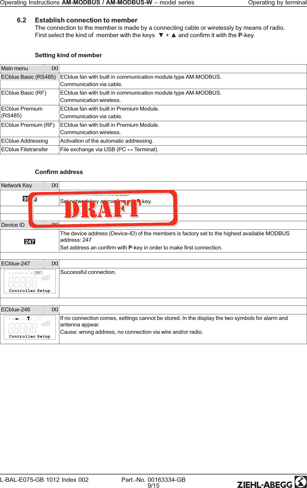 6.2 Establish connection to memberThe connection to the member is made by a connecting cable or wirelessly by means of radio.First select the kind of member with the keys ▼+▲and conrm it with the P-key.Setting kind of memberMain menu IXIECblue Basic (RS485) ECblue fan with built in communication module type AM-MODBUS.Communication via cable.ECblue Basic (RF) ECblue fan with built in communication module type AM-MODBUS.Communication wireless.ECblue Premium(RS485)ECblue fan with built in Premium Module.Communication via cable.ECblue Premium (RF) ECblue fan with built in Premium Module.Communication wireless.ECblue Addressing Activation of the automatic addressing.ECblue Filetransfer File exchange via USB (PC ↔Terminal).Conrm addressNetwork Key IXI9999 For communication wireless:Set network key an conrm withP-key.Device ID IXI247The device address (Device-ID) of the members is factory set to the highest available MODBUSaddress: 247Set address an conrm with P-key in order to make rst connection.ECblue-247 IXIController SetupSuccessful connection.ECblue-246 IXIController SetupIf no connection comes, settings cannot be stored. In the display the two symbols for alarm andantenna appear.Cause: wrong address, no connection via wire and/or radio.Operating Instructions AM-MODBUS / AM-MODBUS-W –model series Operating by terminalL-BAL-E075-GB 1012 Index 002 Part.-No. 00163334-GB9/15
