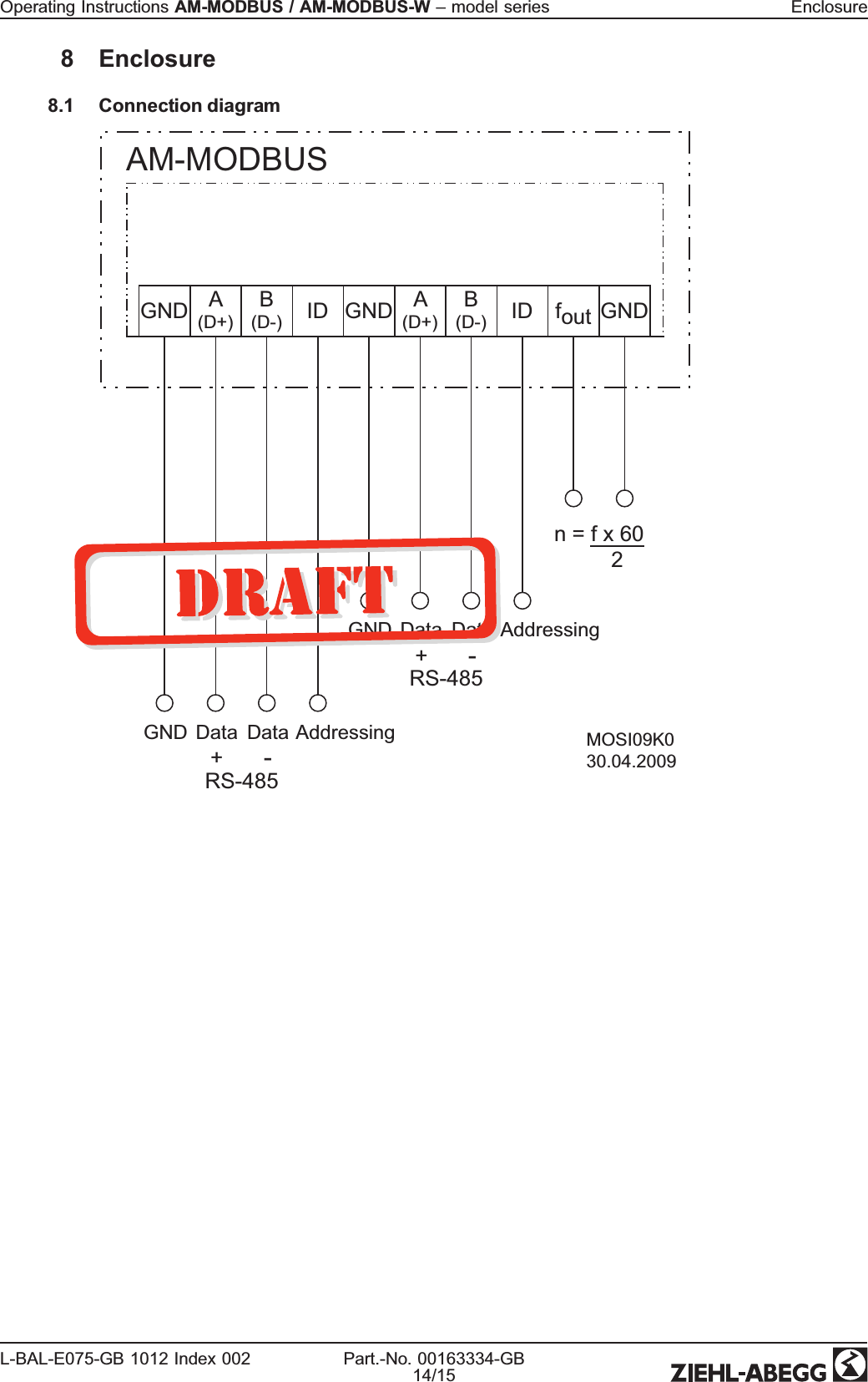 8 Enclosure8.1 Connection diagramAM-MODBUSGND ID GND ID foutMOSI09K030.04.2009A(D+)A(D+)B(D-)B(D-)Data DataGND+-RS-485Data DataGND+-RS-485AddressingAddressingn = f x 60      2GNDOperating Instructions AM-MODBUS / AM-MODBUS-W –model series EnclosureL-BAL-E075-GB 1012 Index 002 Part.-No. 00163334-GB14/15