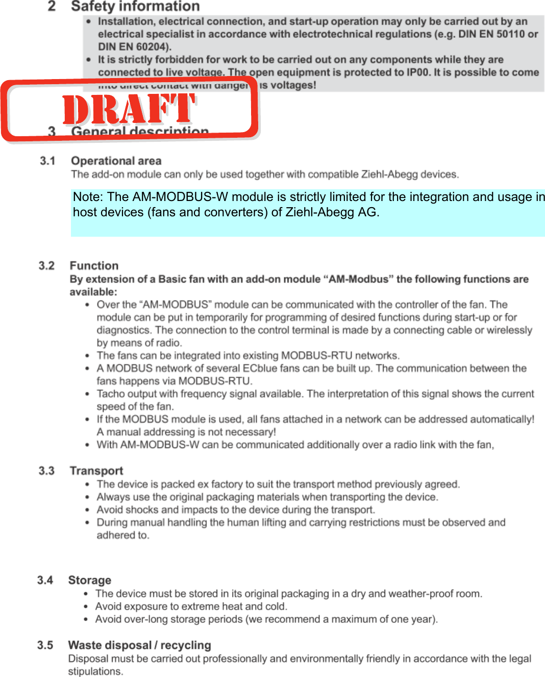Note: The AM-MODBUS-W module is strictly limited for the integration and usage in host devices (fans and converters) of Ziehl-Abegg AG.