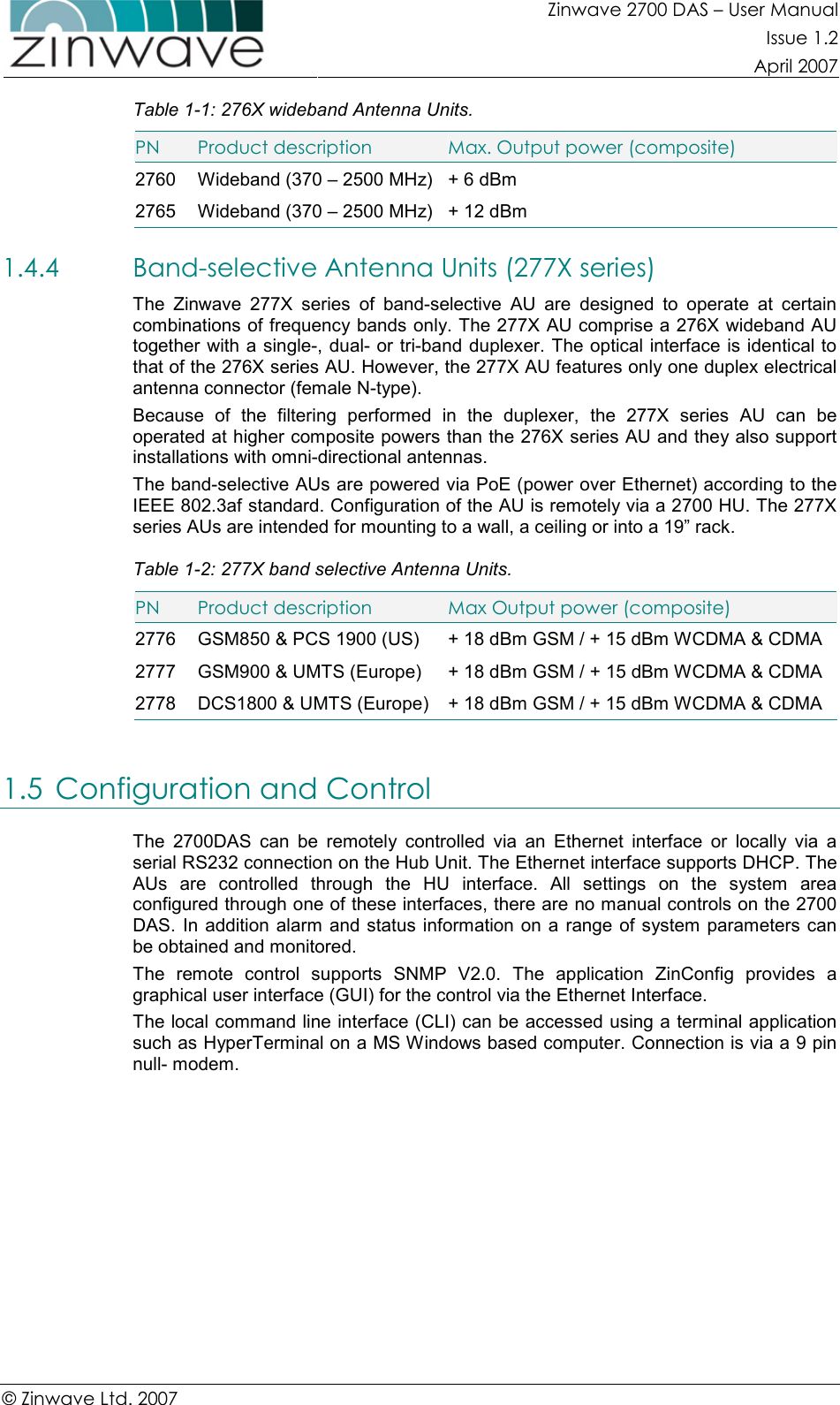Zinwave 2700 DAS – User Manual Issue 1.2  April 2007  © Zinwave Ltd. 2007  Table 1-1: 276X wideband Antenna Units. PN  Product description  Max. Output power (composite) 2760  Wideband (370 – 2500 MHz)  + 6 dBm 2765  Wideband (370 – 2500 MHz)  + 12 dBm 1.4.4 Band-selective Antenna Units (277X series) The  Zinwave  277X  series  of  band-selective  AU  are  designed  to  operate  at  certain combinations of frequency bands only. The 277X AU comprise a 276X wideband AU together with a single-, dual- or tri-band duplexer. The optical interface is identical to that of the 276X series AU. However, the 277X AU features only one duplex electrical antenna connector (female N-type). Because  of  the  filtering  performed  in  the  duplexer,  the  277X  series  AU  can  be operated at higher composite powers than the 276X series AU and they also support installations with omni-directional antennas. The band-selective AUs are powered via PoE (power over Ethernet) according to the IEEE 802.3af standard. Configuration of the AU is remotely via a 2700 HU. The 277X series AUs are intended for mounting to a wall, a ceiling or into a 19” rack. Table 1-2: 277X band selective Antenna Units. PN  Product description  Max Output power (composite) 2776  GSM850 &amp; PCS 1900 (US)  + 18 dBm GSM / + 15 dBm WCDMA &amp; CDMA 2777  GSM900 &amp; UMTS (Europe)  + 18 dBm GSM / + 15 dBm WCDMA &amp; CDMA 2778  DCS1800 &amp; UMTS (Europe)  + 18 dBm GSM / + 15 dBm WCDMA &amp; CDMA  1.5 Configuration and Control The  2700DAS  can  be  remotely  controlled  via  an  Ethernet  interface  or  locally  via  a serial RS232 connection on the Hub Unit. The Ethernet interface supports DHCP. The AUs  are  controlled  through  the  HU  interface.  All  settings  on  the  system  area configured through one of these interfaces, there are no manual controls on the 2700 DAS. In addition  alarm and status information on a range of  system parameters can be obtained and monitored. The  remote  control  supports  SNMP  V2.0.  The  application  ZinConfig  provides  a graphical user interface (GUI) for the control via the Ethernet Interface. The local command line interface (CLI) can be accessed using a terminal application such as HyperTerminal on a MS Windows based computer. Connection is via a 9 pin null- modem. 