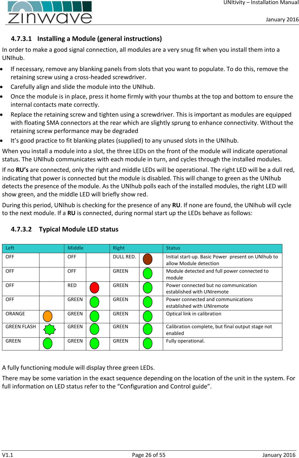     UNItivity – Installation Manual      January 2016  V1.1  Page 26 of 55  January 2016 4.7.3.1 Installing a Module (general instructions) In order to make a good signal connection, all modules are a very snug fit when you install them into a UNIhub.  If necessary, remove any blanking panels from slots that you want to populate. To do this, remove the retaining screw using a cross-headed screwdriver.  Carefully align and slide the module into the UNIhub.  Once the module is in place, press it home firmly with your thumbs at the top and bottom to ensure the internal contacts mate correctly.  Replace the retaining screw and tighten using a screwdriver. This is important as modules are equipped with floating SMA connectors at the rear which are slightly sprung to enhance connectivity. Without the retaining screw performance may be degraded  It’s good practice to fit blanking plates (supplied) to any unused slots in the UNIhub. When you install a module into a slot, the three LEDs on the front of the module will indicate operational status. The UNIhub communicates with each module in turn, and cycles through the installed modules.  If no RU’s are connected, only the right and middle LEDs will be operational. The right LED will be a dull red, indicating that power is connected but the module is disabled. This will change to green as the UNIhub detects the presence of the module. As the UNIhub polls each of the installed modules, the right LED will show green, and the middle LED will briefly show red. During this period, UNIhub is checking for the presence of any RU. If none are found, the UNIhub will cycle to the next module. If a RU is connected, during normal start up the LEDs behave as follows: 4.7.3.2  Typical Module LED status  Left Middle Right Status OFF  OFF  DULL RED.   Initial start-up. Basic Power  present on UNIhub to allow Module detection OFF  OFF  GREEN      Module detected and full power connected to module OFF  RED          GREEN     Power connected but no communication established with UNIremote OFF  GREEN    GREEN    Power connected and communications  established with UNIremote ORANGE  GREEN    GREEN    Optical link in calibration GREEN FLASH   GREEN    GREEN    Calibration complete, but final output stage not enabled GREEN     GREEN    GREEN    Fully operational.  A fully functioning module will display three green LEDs. There may be some variation in the exact sequence depending on the location of the unit in the system. For full information on LED status refer to the “Configuration and Control guide”. 