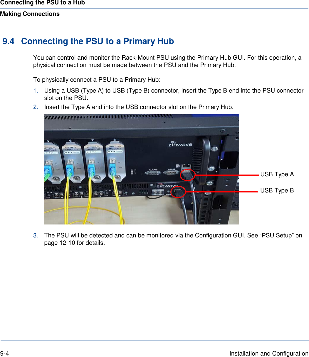 Connecting the PSU to a Hub Making Connections   9.4  Connecting the PSU to a Primary Hub You can control and monitor the Rack-Mount PSU using the Primary Hub GUI. For this operation, a physical connection must be made between the PSU and the Primary Hub.  To physically connect a PSU to a Primary Hub: 1. Using a USB (Type A) to USB (Type B) connector, insert the Type B end into the PSU connector slot on the PSU. 2. Insert the Type A end into the USB connector slot on the Primary Hub.         USB Type A USB Type B     3. The PSU will be detected and can be monitored via the Configuration GUI. See “PSU Setup” on page 12-10 for details.               9-4  Installation and Configuration 