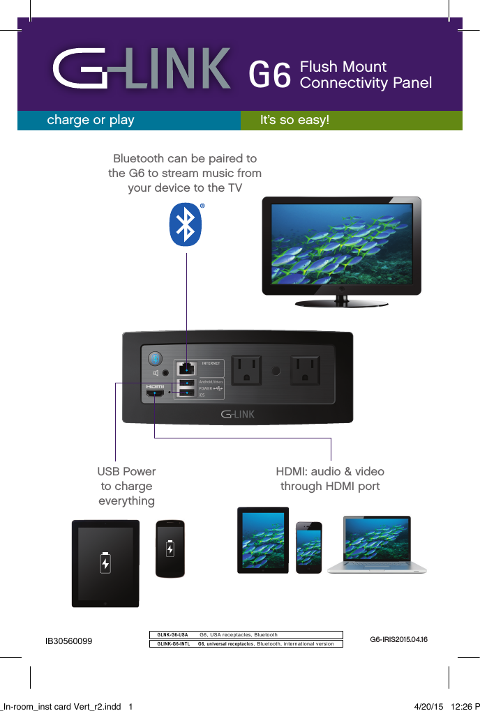 charge or playUSB Power to chargeeverythingIt’s so easy!HDMI: audio &amp; video through HDMI portBluetooth can be paired to the G6 to stream music from your device to the TVFlush Mount Connectivity PanelG6G6-IRIS2015.04.16G6_In-room_inst card Vert_r2.indd   1 4/20/15   12:26 PMGLNK-G6-USA       G6, USA receptacles, Bluetooth GLINK-G6-INTL      G6, universal receptacles, Bluetooth, international versionIB30560099