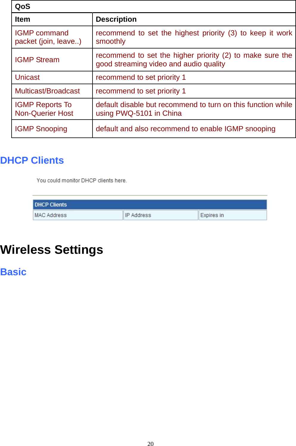  20 QoS Item Description IGMP command packet (join, leave..)  recommend to set the highest priority (3) to keep it work smoothly IGMP Stream  recommend to set the higher priority (2) to make sure the good streaming video and audio quality Unicast    recommend to set priority 1   Multicast/Broadcast  recommend to set priority 1   IGMP Reports To Non-Querier Host  default disable but recommend to turn on this function while using PWQ-5101 in China   IGMP Snooping  default and also recommend to enable IGMP snooping  DHCP Clients     Wireless Settings   Basic  