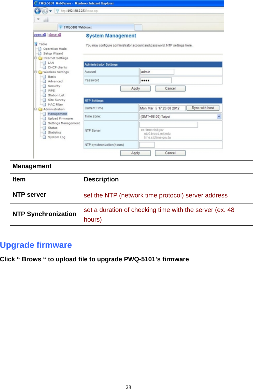  28 Management  Item Description NTP server    set the NTP (network time protocol) server address NTP Synchronization  set a duration of checking time with the server (ex. 48 hours)  Upgrade firmware   Click “ Brows “ to upload file to upgrade PWQ-5101’s firmware 