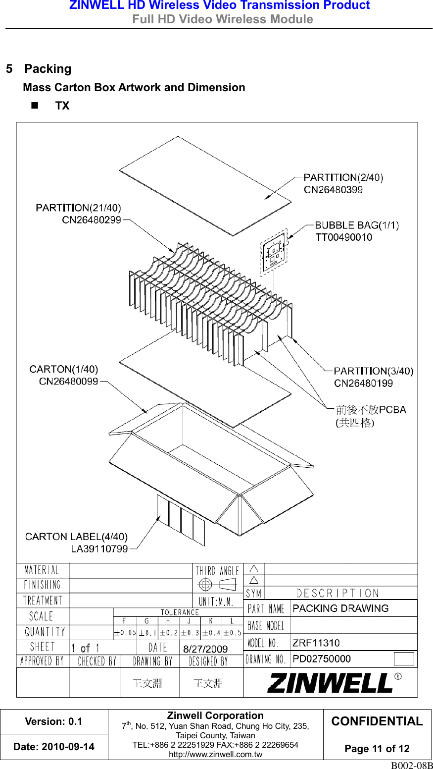 ZINWELL HD Wireless Video Transmission Product   Full HD Video Wireless Module    Version: 0.1 Zinwell Corporation 7th, No. 512, Yuan Shan Road, Chung Ho City, 235, Taipei County, Taiwan TEL:+886 2 22251929 FAX:+886 2 22269654 http://www.zinwell.com.tw CONFIDENTIAL  Page 11 of 12 Date: 2010-09-14 B002-08B  5  Packing Mass Carton Box Artwork and Dimension  TX   