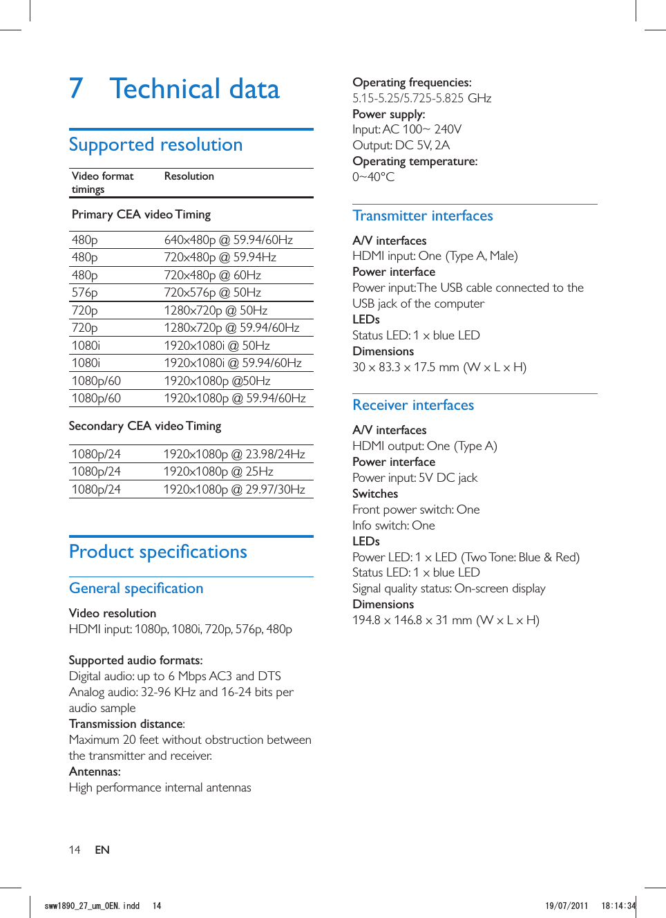 14Operating frequencies:5.15-5.25/5.725-5.825 GHz Power supply:Input: AC 100~ 240VOutput: DC 5V, 2A Operating temperature:0~40°CTransmitter interfacesA/V interfacesPower interfacePower input: The USB cable connected to the USB jack of the computerLEDsStatus LED: 1 x blue LED DimensionsReceiver interfacesA/V interfacesPower interfacePower input: 5V DC jackSwitchesFront power switch: OneInfo switch: OneLEDsStatus LED: 1 x blue LEDSignal quality status: On-screen displayDimensions7 Technical dataSupported resolutionVideo format timingsResolutionPrimary CEA video Timing480p 640x480p @ 59.94/60Hz480p 720x480p @ 59.94Hz480p 720x480p @ 60Hz576p 720x576p @ 50Hz720p 1280x720p @ 50Hz720p 1280x720p @ 59.94/60Hz1080i 1920x1080i @ 50Hz1080i 1920x1080i @ 59.94/60Hz1080p/60 1920x1080p @50Hz1080p/60 1920x1080p @ 59.94/60HzSecondary CEA video Timing1080p/24 1920x1080p @ 23.98/24Hz1080p/24 1920x1080p @ 25Hz1080p/24 1920x1080p @ 29.97/30HzVideo resolution HDMI input: 1080p, 1080i, 720p, 576p, 480p Supported audio formats:Digital audio: up to 6 Mbps AC3 and DTSAnalog audio: 32-96 KHz and 16-24 bits per audio sampleTransmission distance: Maximum 20 feet without obstruction between the transmitter and receiver.Antennas:High performance internal antennasENUYYAAWOA&apos;0KPFF 