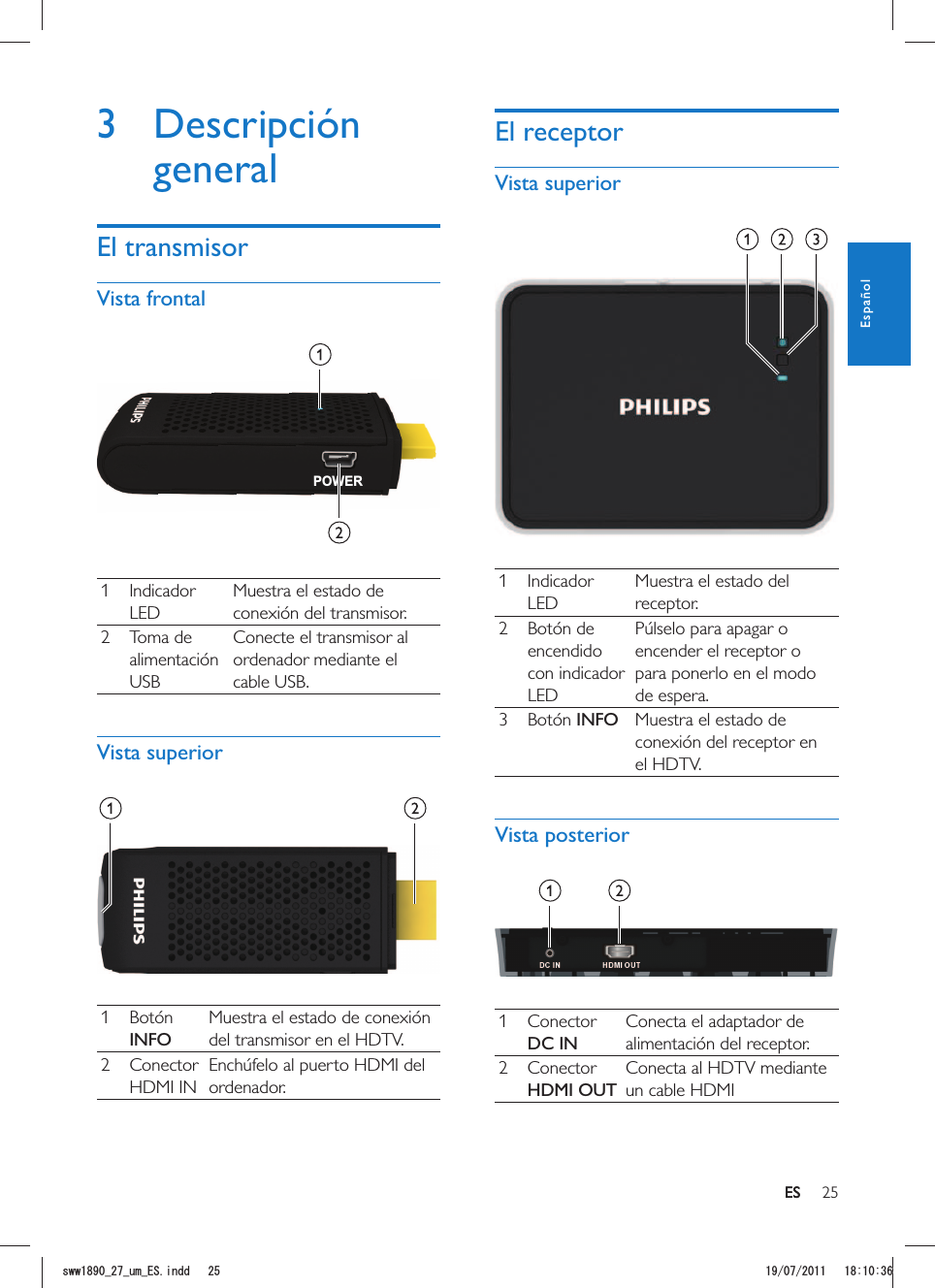 25ESEl receptorVista superior  1 Indicador LEDMuestra el estado del receptor.2 Botón de encendido con indicador LEDPúlselo para apagar o encender el receptor o para ponerlo en el modo de espera.3 Botón INFO Muestra el estado de conexión del receptor en el HDTV.Vista posterior  1 Conector DC INConecta el adaptador de alimentación del receptor.2 Conector HDMI OUTConecta al HDTV mediante un cable HDMI3 Descripción generalEl transmisorVista frontalPOWER  1 Indicador LEDMuestra el estado de conexión del transmisor.2 Toma de alimentación USBConecte el transmisor al ordenador mediante el cable USB.Vista superior 1 Botón INFOMuestra el estado de conexión del transmisor en el HDTV.2 Conector HDMI INEnchúfelo al puerto HDMI del ordenador.ESEspañolUYYAAWOA&apos;5KPFF 
