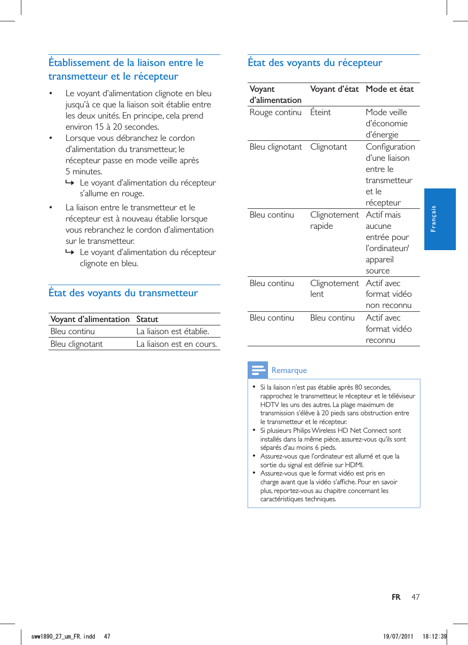 47FRÉtat des voyants du récepteurVoyant d’alimentationVoyant d’état Mode et étatRouge continu  Mode veille d’économie d’énergie Clignotant d’une liaison entre le transmetteur et le récepteur Clignotement rapideActif mais aucune entrée pour appareil source Clignotement lentActif avec format vidéo non reconnu  Actif avec format vidéo reconnuRemarque  rapprochez le transmetteur, le récepteur et le téléviseur HDTV les uns des autres. La plage maximum de le transmetteur et le récepteur.  Si plusieurs Philips Wireless HD Net Connect sont séparés d’au moins 6 pieds.    caractéristiques techniques.Établissement de la liaison entre le transmetteur et le récepteur Le voyant d’alimentation clignote en bleu jusqu’à ce que la liaison soit établie entre les deux unités. En principe, cela prend environ 15 à 20 secondes. Lorsque vous débranchez le cordon d’alimentation du transmetteur, le 5 minutes.  »Le voyant d’alimentation du récepteur s’allume en rouge. La liaison entre le transmetteur et le récepteur est à nouveau établie lorsque vous rebranchez le cordon d’alimentation sur le transmetteur. »Le voyant d’alimentation du récepteur clignote en bleu.État des voyants du transmetteurVoyant d’alimentation Statut La liaison est établie. La liaison est en cours.FRFrançaisUYYAAWOA(4KPFF 