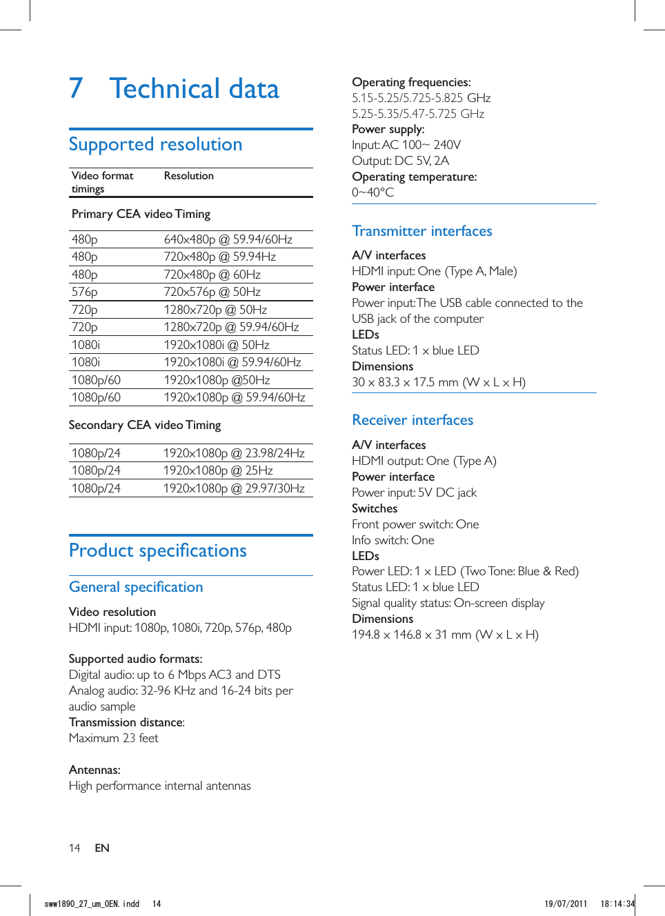 14Operating frequencies:5.15-5.25/5.725-5.825 GHz 5.25-5.35/5.47-5.725 GHz Power supply:Input: AC 100~ 240VOutput: DC 5V, 2A Operating temperature:0~40°CTransmitter interfacesA/V interfacesPower interfacePower input: The USB cable connected to the USB jack of the computerLEDsStatus LED: 1 x blue LED DimensionsReceiver interfacesA/V interfacesPower interfacePower input: 5V DC jackSwitchesFront power switch: OneInfo switch: OneLEDsStatus LED: 1 x blue LEDSignal quality status: On-screen displayDimensions7 Technical dataSupported resolutionVideo format timingsResolutionPrimary CEA video Timing480p 640x480p @ 59.94/60Hz480p 720x480p @ 59.94Hz480p 720x480p @ 60Hz576p 720x576p @ 50Hz720p 1280x720p @ 50Hz720p 1280x720p @ 59.94/60Hz1080i 1920x1080i @ 50Hz1080i 1920x1080i @ 59.94/60Hz1080p/60 1920x1080p @50Hz1080p/60 1920x1080p @ 59.94/60HzSecondary CEA video Timing1080p/24 1920x1080p @ 23.98/24Hz1080p/24 1920x1080p @ 25Hz1080p/24 1920x1080p @ 29.97/30HzVideo resolution HDMI input: 1080p, 1080i, 720p, 576p, 480p Supported audio formats:Digital audio: up to 6 Mbps AC3 and DTSAnalog audio: 32-96 KHz and 16-24 bits per audio sampleTransmission distance: Maximum 23 feet  Antennas:High performance internal antennasENUYYAAWOA&apos;0KPFF 