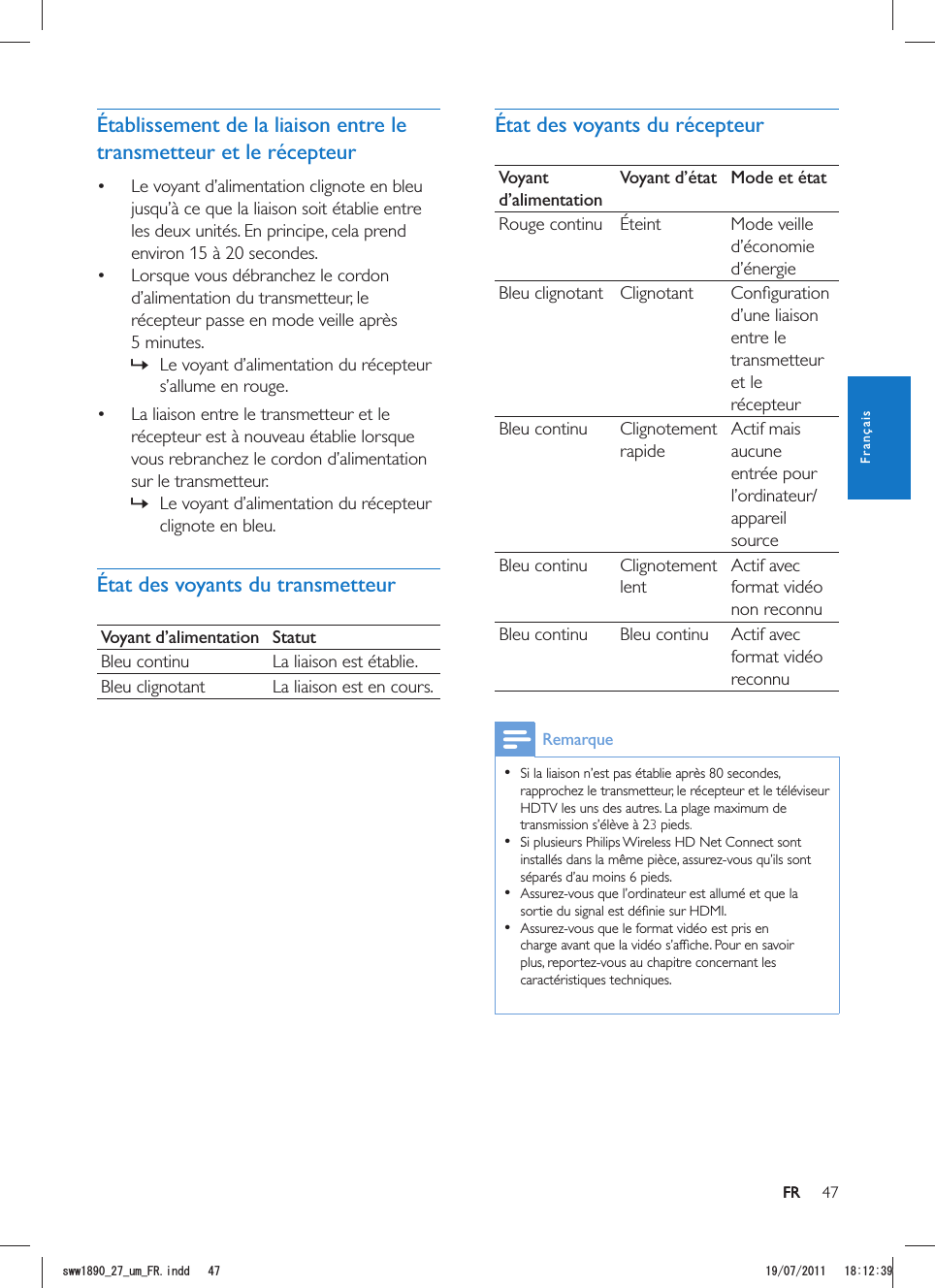 47FRÉtat des voyants du récepteurVoyant d’alimentationVoyant d’état Mode et étatRouge continu  Mode veille d’économie d’énergie Clignotant d’une liaison entre le transmetteur et le récepteur Clignotement rapideActif mais aucune entrée pour appareil source Clignotement lentActif avec format vidéo non reconnu  Actif avec format vidéo reconnuRemarque  rapprochez le transmetteur, le récepteur et le téléviseur HDTV les uns des autres. La plage maximum de 3.. Si plusieurs Philips Wireless HD Net Connect sont séparés d’au moins 6 pieds.    caractéristiques techniques.Établissement de la liaison entre le transmetteur et le récepteur Le voyant d’alimentation clignote en bleu jusqu’à ce que la liaison soit établie entre les deux unités. En principe, cela prend environ 15 à 20 secondes. Lorsque vous débranchez le cordon d’alimentation du transmetteur, le 5 minutes.  »Le voyant d’alimentation du récepteur s’allume en rouge. La liaison entre le transmetteur et le récepteur est à nouveau établie lorsque vous rebranchez le cordon d’alimentation sur le transmetteur. »Le voyant d’alimentation du récepteur clignote en bleu.État des voyants du transmetteurVoyant d’alimentation Statut La liaison est établie. La liaison est en cours.FRFrançaisUYYAAWOA(4KPFF 