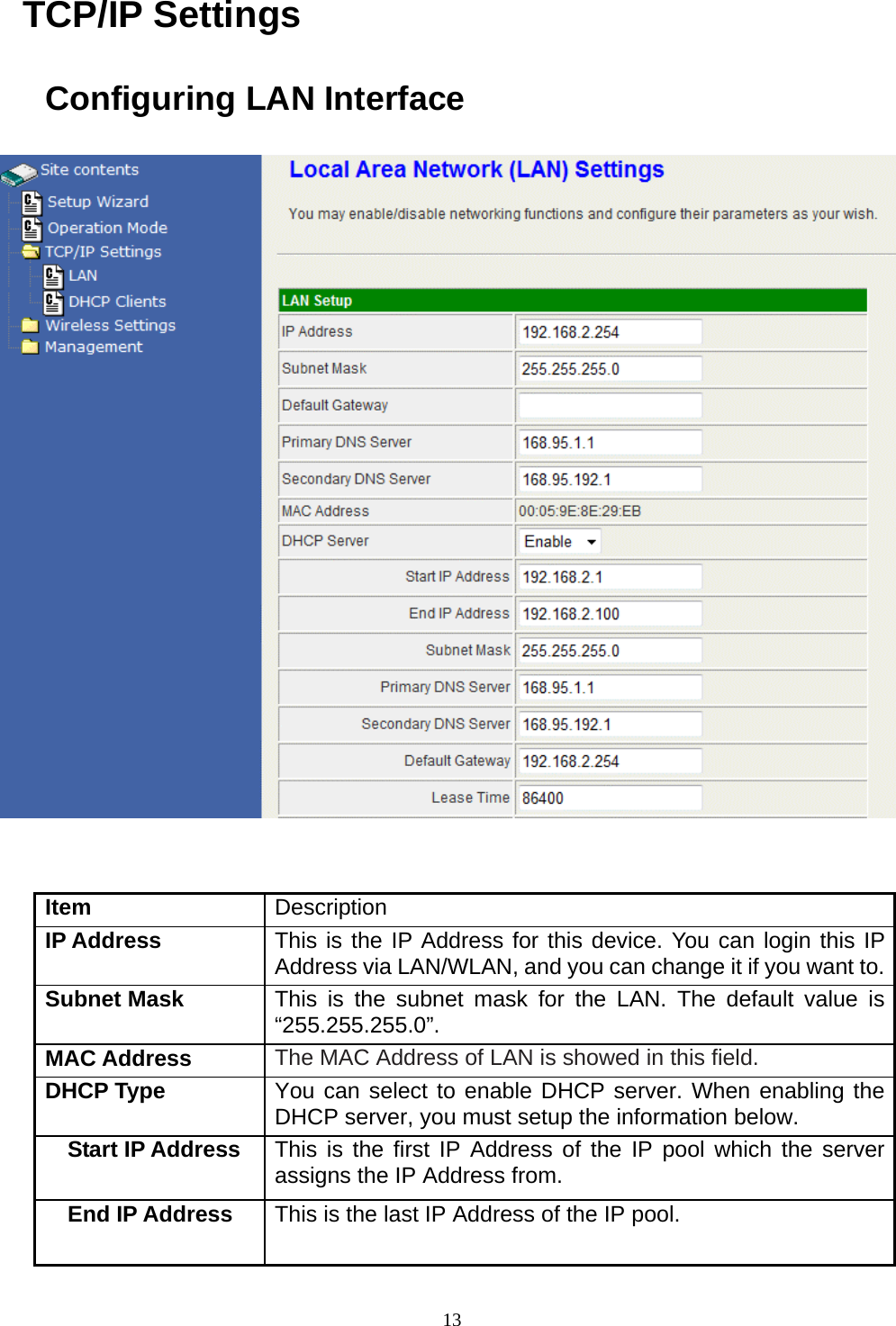  13TCP/IP Settings Configuring LAN Interface    Item  Description IP Address  This is the IP Address for this device. You can login this IP Address via LAN/WLAN, and you can change it if you want to.Subnet Mask  This is the subnet mask for the LAN. The default value is “255.255.255.0”. MAC Address  The MAC Address of LAN is showed in this field. DHCP Type  You can select to enable DHCP server. When enabling the DHCP server, you must setup the information below. Start IP Address  This is the first IP Address of the IP pool which the server assigns the IP Address from. End IP Address  This is the last IP Address of the IP pool. 