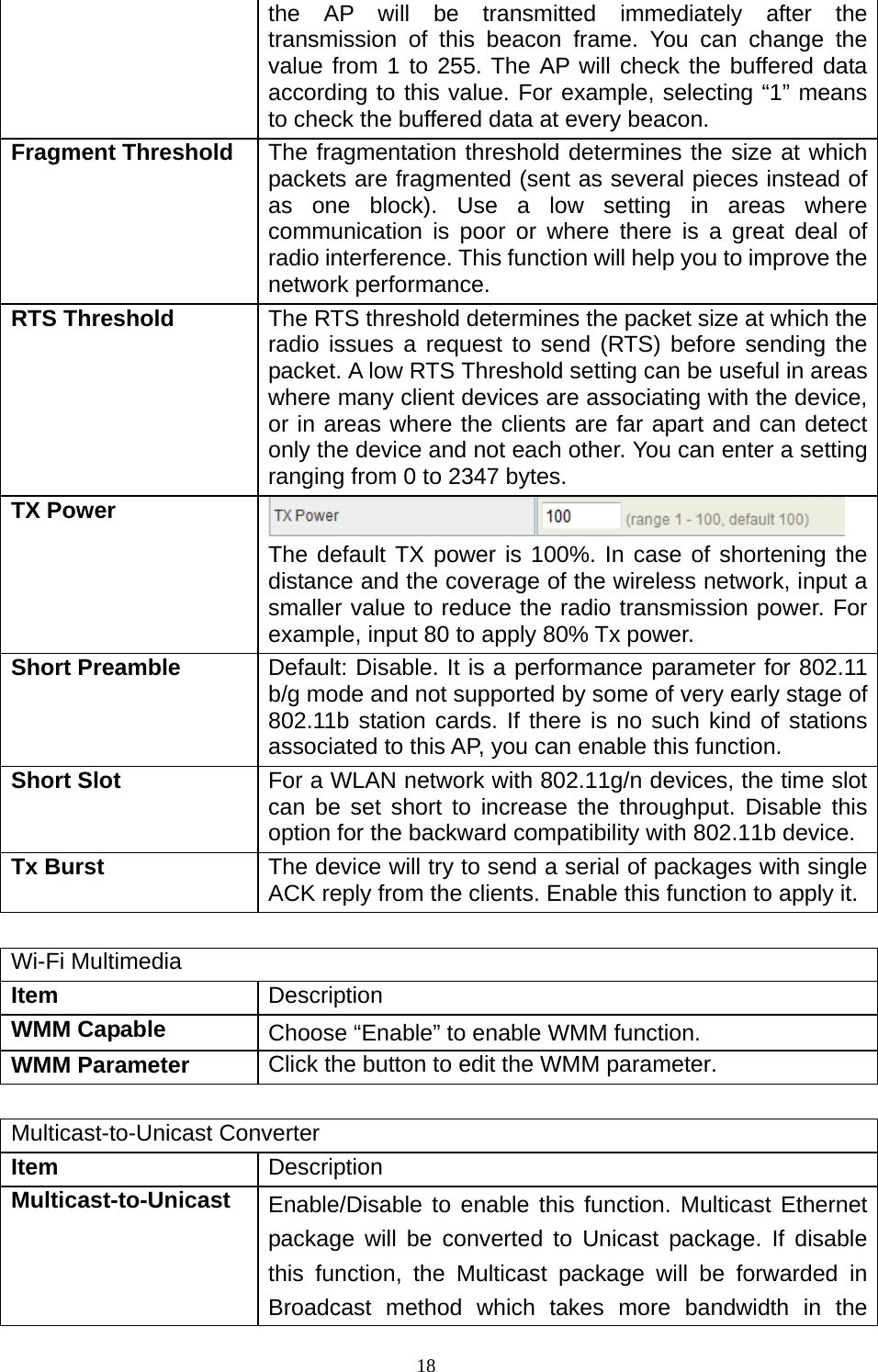  18the AP will be transmitted immediately after the transmission of this beacon frame. You can change the value from 1 to 255. The AP will check the buffered data according to this value. For example, selecting “1” means to check the buffered data at every beacon. Fragment Threshold  The fragmentation threshold determines the size at which packets are fragmented (sent as several pieces instead of as one block). Use a low setting in areas where communication is poor or where there is a great deal of radio interference. This function will help you to improve the network performance. RTS Threshold  The RTS threshold determines the packet size at which the radio issues a request to send (RTS) before sending the packet. A low RTS Threshold setting can be useful in areas where many client devices are associating with the device, or in areas where the clients are far apart and can detect only the device and not each other. You can enter a setting ranging from 0 to 2347 bytes. TX Power   The default TX power is 100%. In case of shortening the distance and the coverage of the wireless network, input a smaller value to reduce the radio transmission power. For example, input 80 to apply 80% Tx power. Short Preamble  Default: Disable. It is a performance parameter for 802.11 b/g mode and not supported by some of very early stage of 802.11b station cards. If there is no such kind of stations associated to this AP, you can enable this function. Short Slot  For a WLAN network with 802.11g/n devices, the time slot can be set short to increase the throughput. Disable this option for the backward compatibility with 802.11b device. Tx Burst  The device will try to send a serial of packages with single ACK reply from the clients. Enable this function to apply it.  Wi-Fi Multimedia Item  Description WMM Capable  Choose “Enable” to enable WMM function. WMM Parameter  Click the button to edit the WMM parameter.  Multicast-to-Unicast Converter Item  Description Multicast-to-Unicast  Enable/Disable to enable this function. Multicast Ethernet package will be converted to Unicast package. If disable this function, the Multicast package will be forwarded in Broadcast method which takes more bandwidth in the 