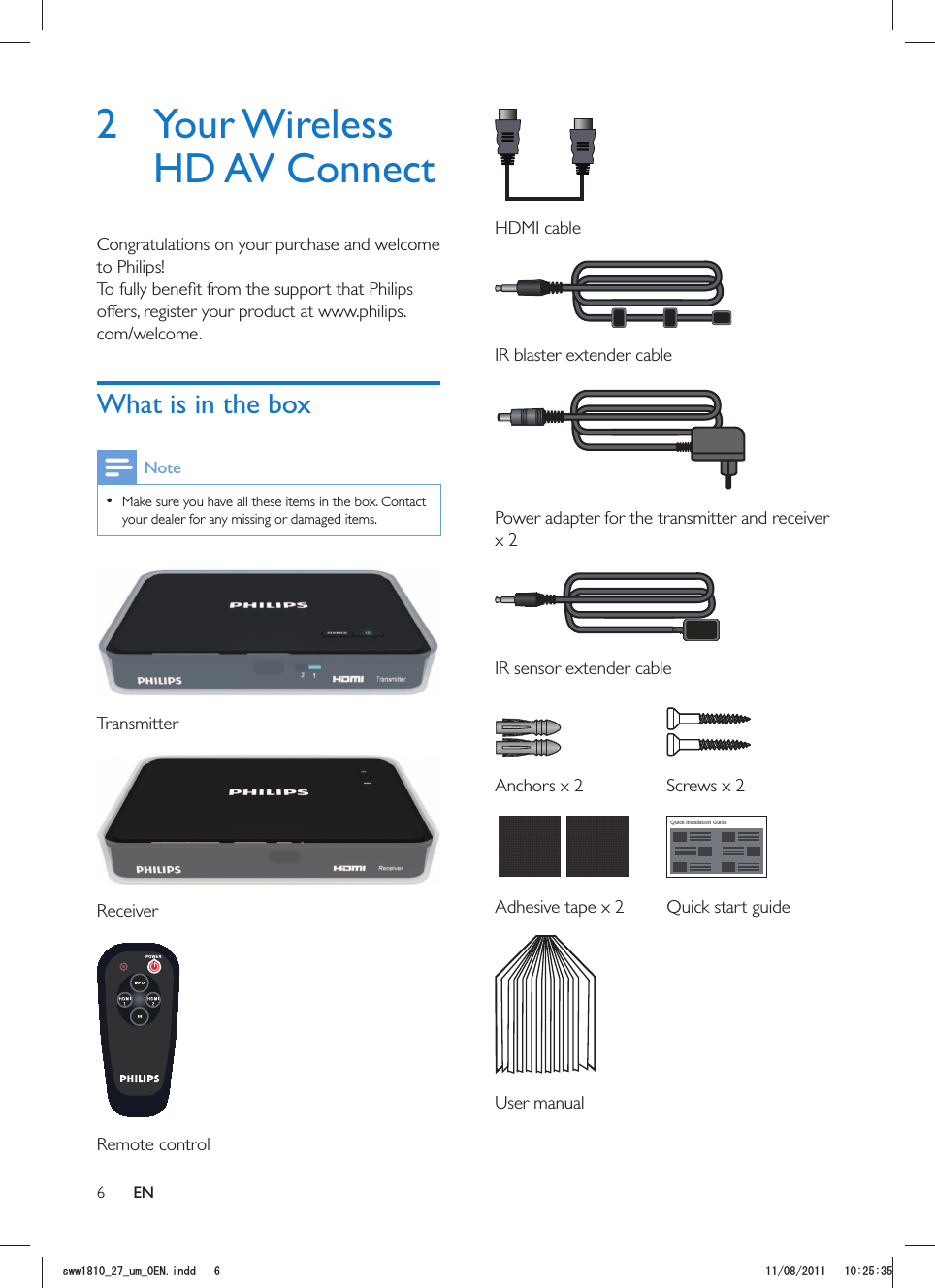 6 HDMI cable  IR blaster extender cable  Power adapter for the transmitter and receiver x 2  IR sensor extender cable   Anchors x 2 Screws x 2  Quick Installation Guide Adhesive tape x 2 Quick start guideUser manual2 Your Wireless HD AV ConnectCongratulations on your purchase and welcome to Philips!offers, register your product at www.philips.com/welcome.What is in the boxNote  Make sure you have all these items in the box. Contact your dealer for any missing or damaged items. Transmitter Receiver  Remote controlENUYYAAWOA&apos;0KPFF 