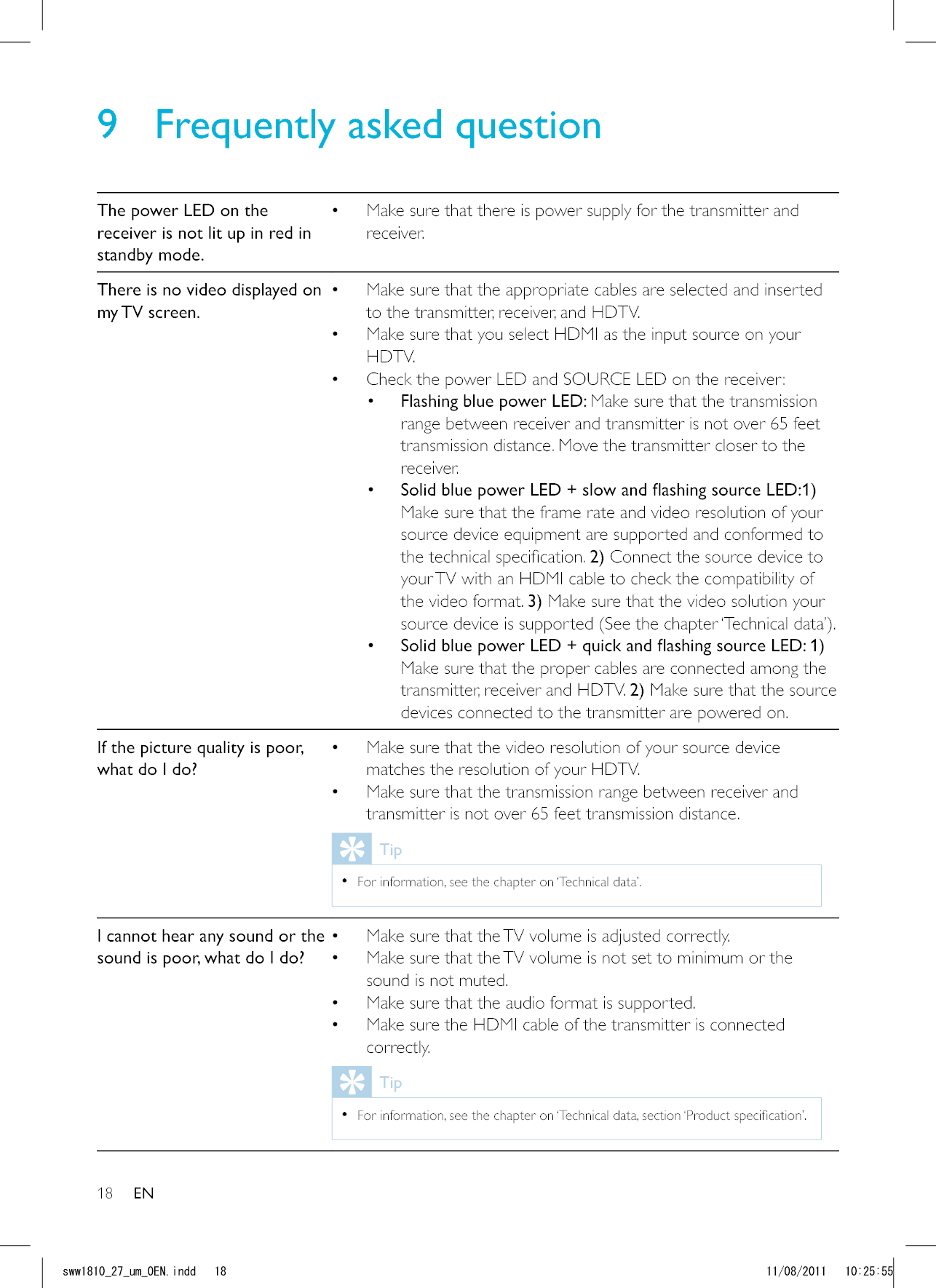 189  Frequently asked questionThe power LED on the receiver is not lit up in red in standby mode. Make sure that there is power supply for the transmitter and receiver.There is no video displayed on my TV  screen. Make sure that the appropriate cables are selected and inserted to the transmitter, receiver, and HDTV. Make sure that you select HDMI as the input source on your HDTV. Check the power LED and SOURCE LED on the receiver: Flashing blue power LED: Make sure that the transmission range between receiver and transmitter is not over 65 feet transmission distance. Move the transmitter closer to the receiver.  1) Make sure that the frame rate and video resolution of your 2) Connect the source device to your TV with an HDMI cable to check the compatibility of the video format. 3) Make sure that the video solution your  Make sure that the proper cables are connected among the transmitter, receiver and HDTV. 2) Make sure that the source devices connected to the transmitter are powered on.If the picture quality is poor, what do I do? Make sure that the video resolution of your source device matches the resolution of your HDTV. Make sure that the transmission range between receiver and transmitter is not over 65 feet transmission distance.Tip  For information, see the chapter on ‘Technical data’.I cannot hear any sound or the sound is poor, what do I do? Make sure that the TV volume is adjusted correctly. Make sure that the TV volume is not set to minimum or the sound is not muted. Make sure that the audio format is supported. Make sure the HDMI cable of the transmitter is connected correctly.Tip  ENUYYAAWOA&apos;0KPFF 