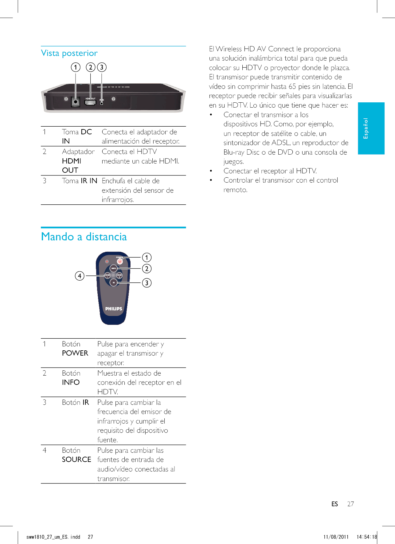 27ESEl Wireless HD AV Connect le proporciona una solución inalámbrica total para que pueda colocar su HDTV o proyector donde le plazca. El transmisor puede transmitir contenido de vídeo sin comprimir hasta 65 pies sin latencia. El receptor puede recibir señales para visualizarlas en su HDTV. Lo único que tiene que hacer es: Conectar el transmisor a los dispositivos HD. Como, por ejemplo, un receptor de satélite o cable, un sintonizador de ADSL, un reproductor de Blu-ray Disc o de DVD o una consola de juegos. Conectar el receptor al HDTV. Controlar el transmisor con el control remoto.Vista posterior 1 Toma DC INConecta el adaptador de alimentación del receptor.2 Adaptador HDMI OUTConecta el HDTV mediante un cable HDMI.3 Toma IR IN Enchufa el cable de extensión del sensor de infrarrojos.Mando a distancia 1 Botón POWERPulse para encender y apagar el transmisor y receptor.2 Botón INFOMuestra el estado de conexión del receptor en el HDTV.3 Botón IR Pulse para cambiar la frecuencia del emisor de infrarrojos y cumplir el requisito del dispositivo fuente.4 Botón SOURCEPulse para cambiar las fuentes de entrada de audio/vídeo conectadas al transmisor.ESEspañolUYYAAWOA&apos;5KPFF 