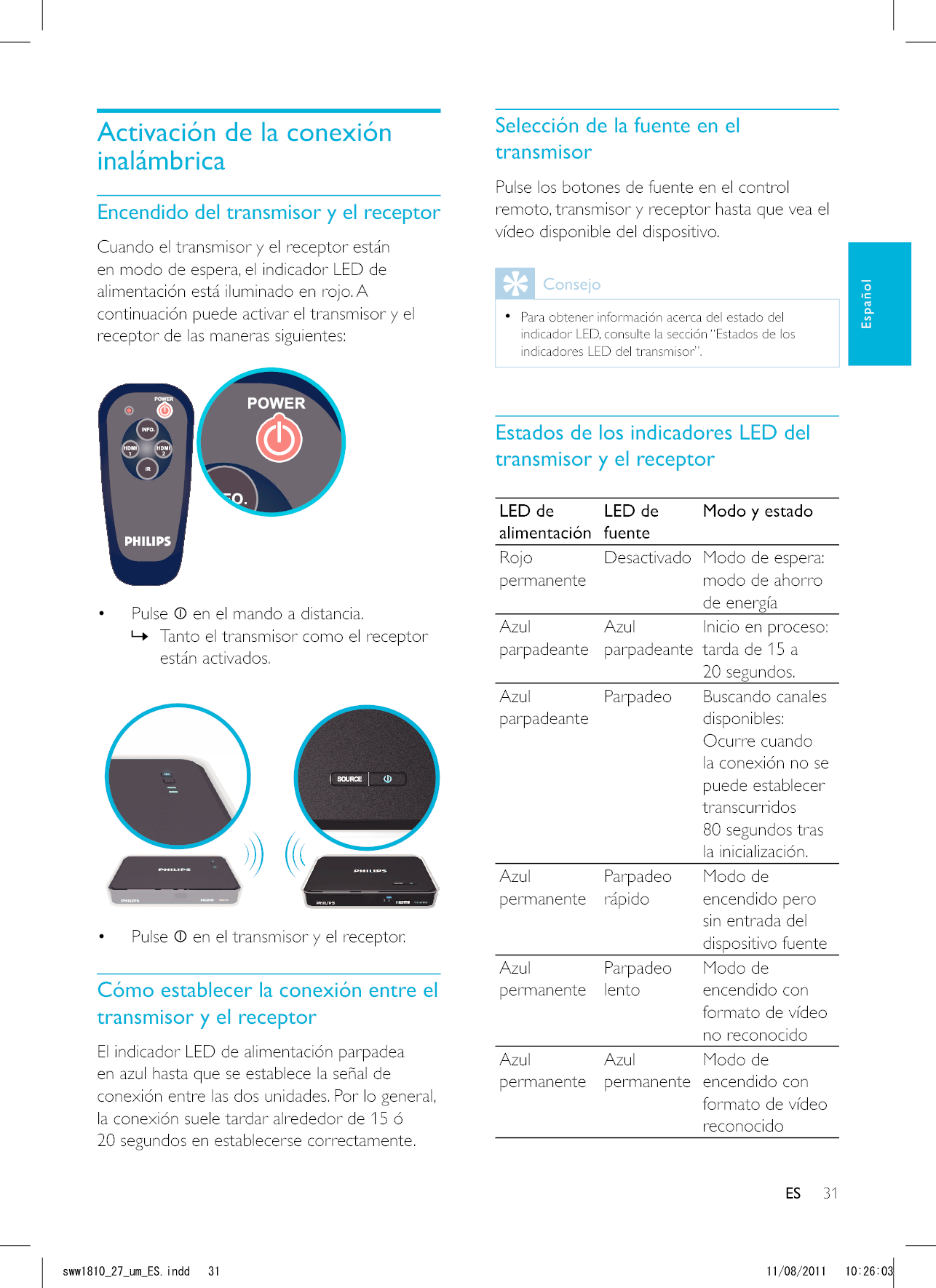 31ESSelección de la fuente en el transmisorPulse los botones de fuente en el control remoto, transmisor y receptor hasta que vea el vídeo disponible del dispositivo.Consejo  Para obtener información acerca del estado del indicador LED, consulte la sección “Estados de los indicadores LED del transmisor”.Estados de los indicadores LED del transmisor y el receptorLED de alimentaciónLED de fuenteModo y estadoRojo permanenteDesactivado Modo de espera: modo de ahorro de energíaAzul parpadeanteAzul parpadeanteInicio en proceso: tarda de 15 a 20 segundos.Azul parpadeanteParpadeo Buscando canales disponibles: Ocurre cuando la conexión no se puede establecer transcurridos 80 segundos tras la inicialización.Azul permanenteParpadeo rápidoModo de encendido pero sin entrada del dispositivo fuenteAzul permanenteParpadeo lentoModo de encendido con formato de vídeo no reconocidoAzul permanenteAzul permanenteModo de encendido con formato de vídeo reconocidoActivación de la conexión inalámbricaEncendido del transmisor y el receptorCuando el transmisor y el receptor están en modo de espera, el indicador LED de alimentación está iluminado en rojo. A continuación puede activar el transmisor y el receptor de las maneras siguientes:   Pulse   en el mando a distancia. »Tanto el transmisor como el receptor están activados.   Pulse   en el transmisor y el receptor.Cómo establecer la conexión entre el transmisor y el receptorEl indicador LED de alimentación parpadea en azul hasta que se establece la señal de conexión entre las dos unidades. Por lo general, la conexión suele tardar alrededor de 15 ó 20 segundos en establecerse correctamente.ESEspañolUYYAAWOA&apos;5KPFF 