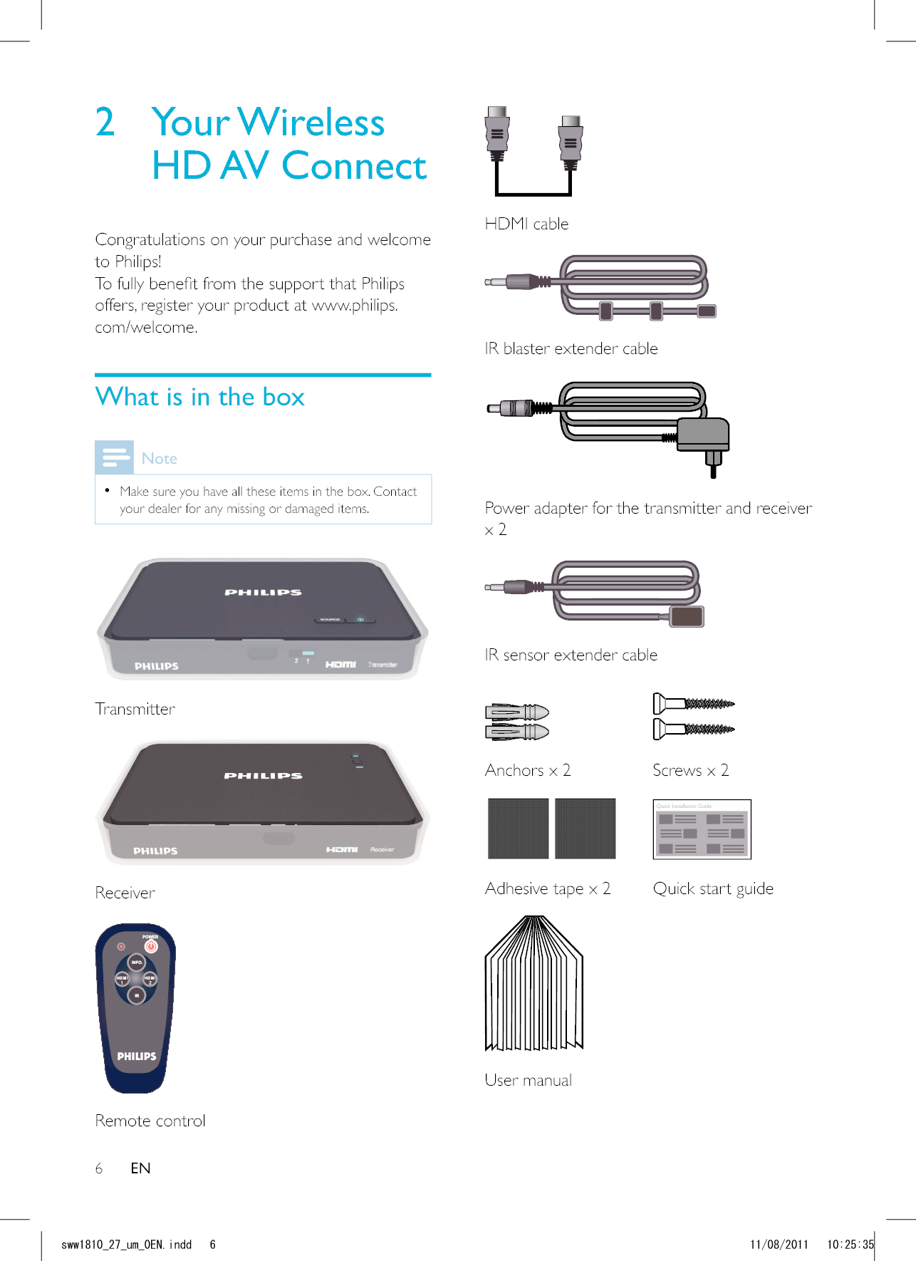 6 HDMI cable  IR blaster extender cable  Power adapter for the transmitter and receiver x 2  IR sensor extender cable   Anchors x 2 Screws x 2  Quick Installation Guide Adhesive tape x 2 Quick start guideUser manual2 Your Wireless HD AV ConnectCongratulations on your purchase and welcome to Philips!offers, register your product at www.philips.com/welcome.What is in the boxNote  Make sure you have all these items in the box. Contact your dealer for any missing or damaged items. Transmitter Receiver  Remote controlENUYYAAWOA&apos;0KPFF 
