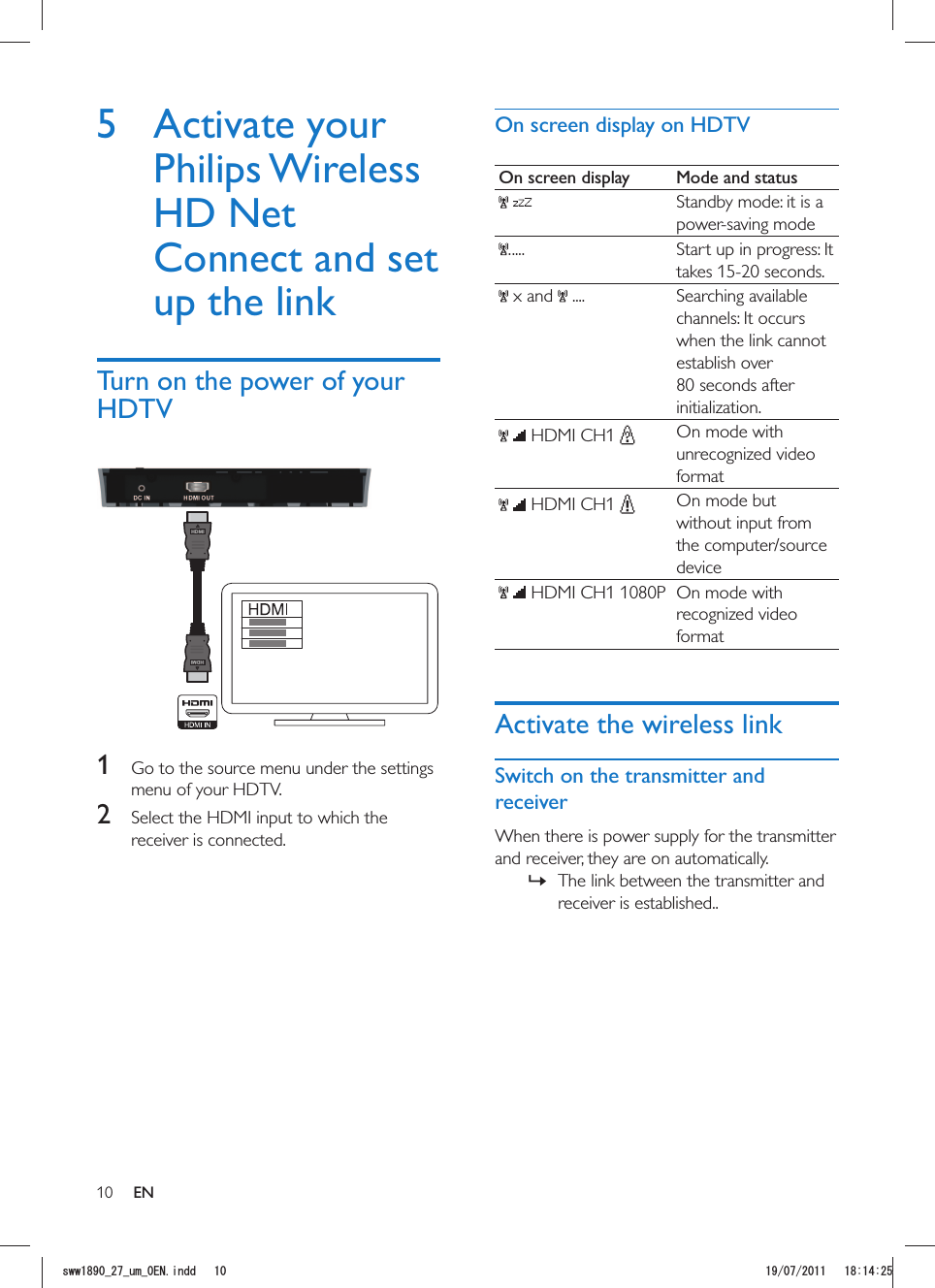 10On screen display on HDTVOn screen display Mode and status Standby mode: it is a power-saving mode..... Start up in progress: It takes 15-20 seconds. x and   .... Searching available channels: It occurs when the link cannot establish over 80 seconds after initialization.   HDMI CH1  On mode with unrecognized video format   HDMI CH1  On mode but without input from the computer/source device   HDMI CH1 1080P On mode with recognized video formatActivate the wireless linkSwitch on the transmitter and receiverWhen there is power supply for the transmitter and receiver, they are on automatically. »The link between the transmitter and receiver is established..5 Activate your Philips Wireless HD Net Connect and set up the linkTurn on the power of your HDTVHDMIHDMI 1  Go to the source menu under the settings menu of your HDTV.2  Select the HDMI input to which the receiver is connected.ENUYYAAWOA&apos;0KPFF 