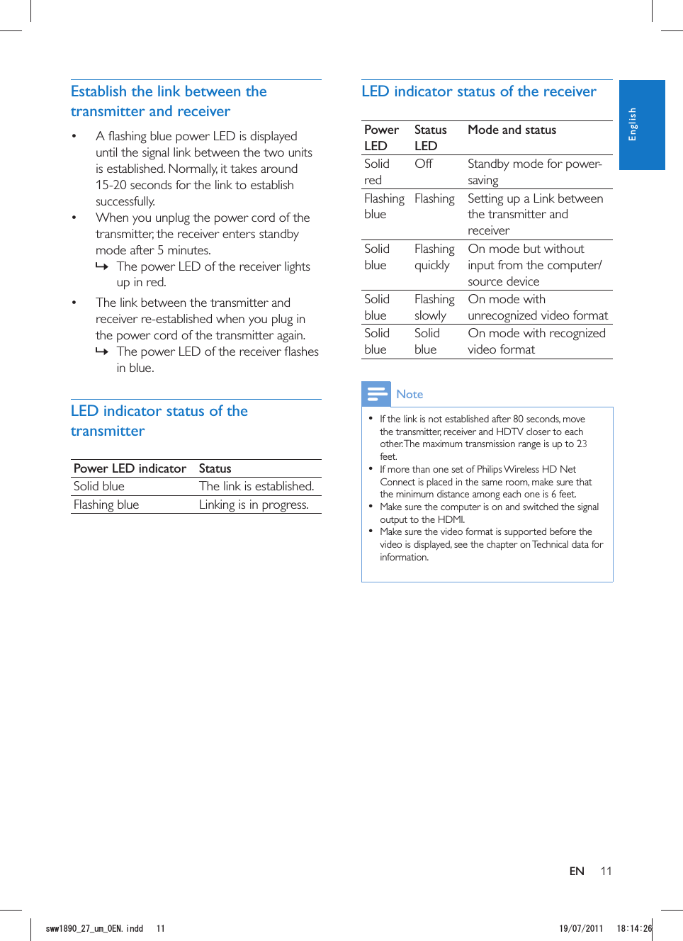 11LED indicator status of the receiverPower LEDStatus LEDMode and statusSolid redOff Standby mode for power-savingFlashing blueFlashing Setting up a Link between the transmitter and receiverSolid blueFlashing quicklyOn mode but without input from the computer/source deviceSolid blueFlashing slowlyOn mode with unrecognized video formatSolid blueSolid blueOn mode with recognized video formatNote  If the link is not established after 80 seconds, move the transmitter, receiver and HDTV closer to each other. The maximum transmission range is up to 23 feet. . If more than one set of Philips Wireless HD Net Connect is placed in the same room, make sure that the minimum distance among each one is 6 feet.  Make sure the computer is on and switched the signal output to the HDMI.  Make sure the video format is supported before the video is displayed, see the chapter on Technical data for information.Establish the link between the transmitter and receiver until the signal link between the two units is established. Normally, it takes around 15-20 seconds for the link to establish successfully. When you unplug the power cord of the transmitter, the receiver enters standby mode after 5 minutes.  »The power LED of the receiver lights up in red. The link between the transmitter and receiver re-established when you plug in the power cord of the transmitter again. »in blue.LED indicator status of the transmitterPower LED indicator StatusSolid blue The link is established.Flashing blue Linking is in progress.ENEnglishUYYAAWOA&apos;0KPFF 
