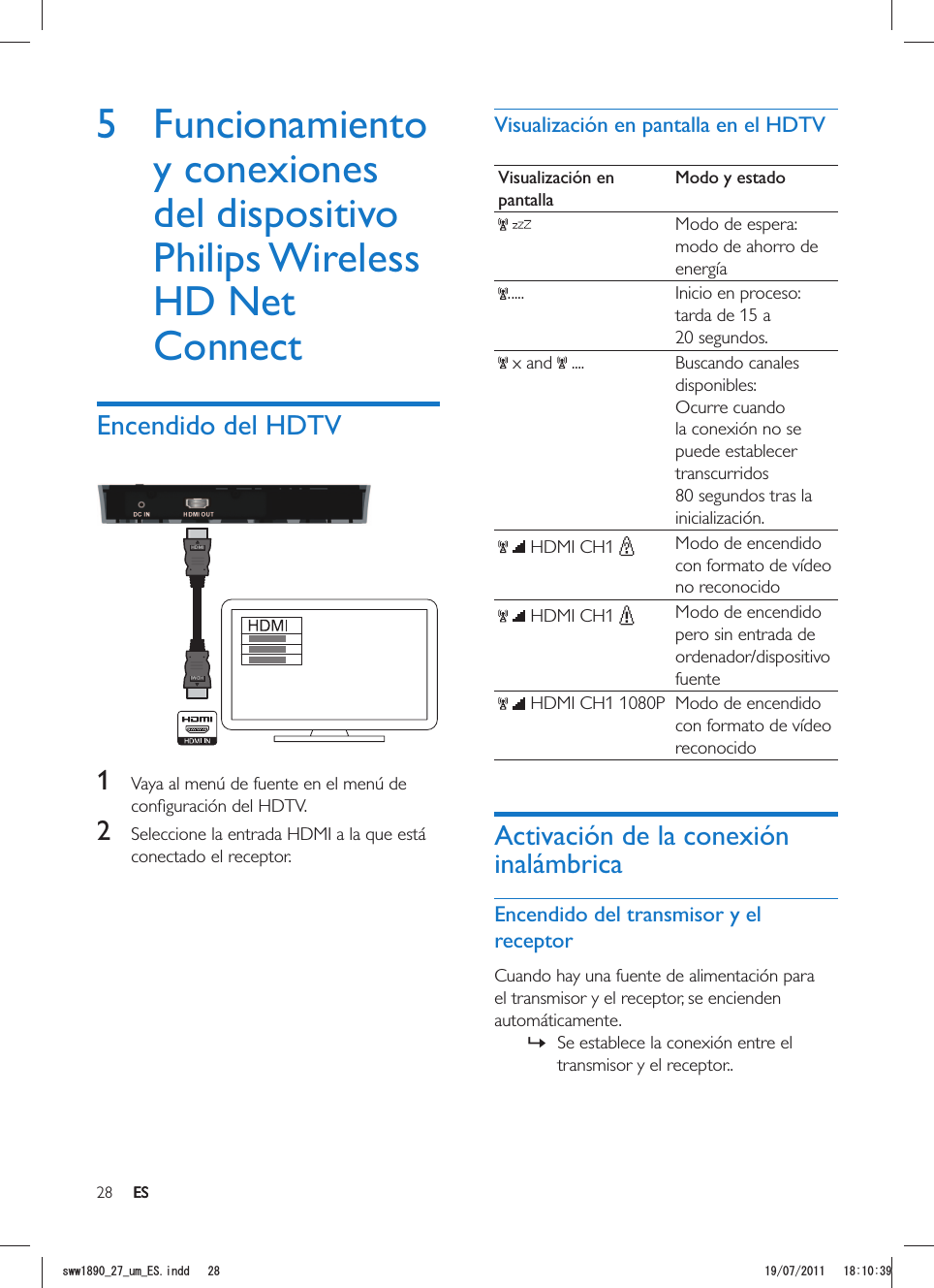 28 ESVisualización en pantalla en el HDTVVisualización en pantallaModo y estado  Modo de espera: modo de ahorro de energía..... Inicio en proceso: tarda de 15 a 20 segundos. x and   .... Buscando canales disponibles: Ocurre cuando la conexión no se puede establecer transcurridos 80 segundos tras la inicialización.   HDMI CH1  Modo de encendido con formato de vídeo no reconocido   HDMI CH1  Modo de encendido pero sin entrada de ordenador/dispositivo fuente   HDMI CH1 1080P Modo de encendido con formato de vídeo reconocidoActivación de la conexión inalámbricaEncendido del transmisor y el receptorCuando hay una fuente de alimentación para el transmisor y el receptor, se encienden automáticamente. »Se establece la conexión entre el transmisor y el receptor..5 Funcionamiento y conexiones del dispositivo Philips Wireless HD Net ConnectEncendido del HDTVHDMIHDMI 1  Vaya al menú de fuente en el menú de 2  Seleccione la entrada HDMI a la que está conectado el receptor.ESUYYAAWOA&apos;5KPFF 