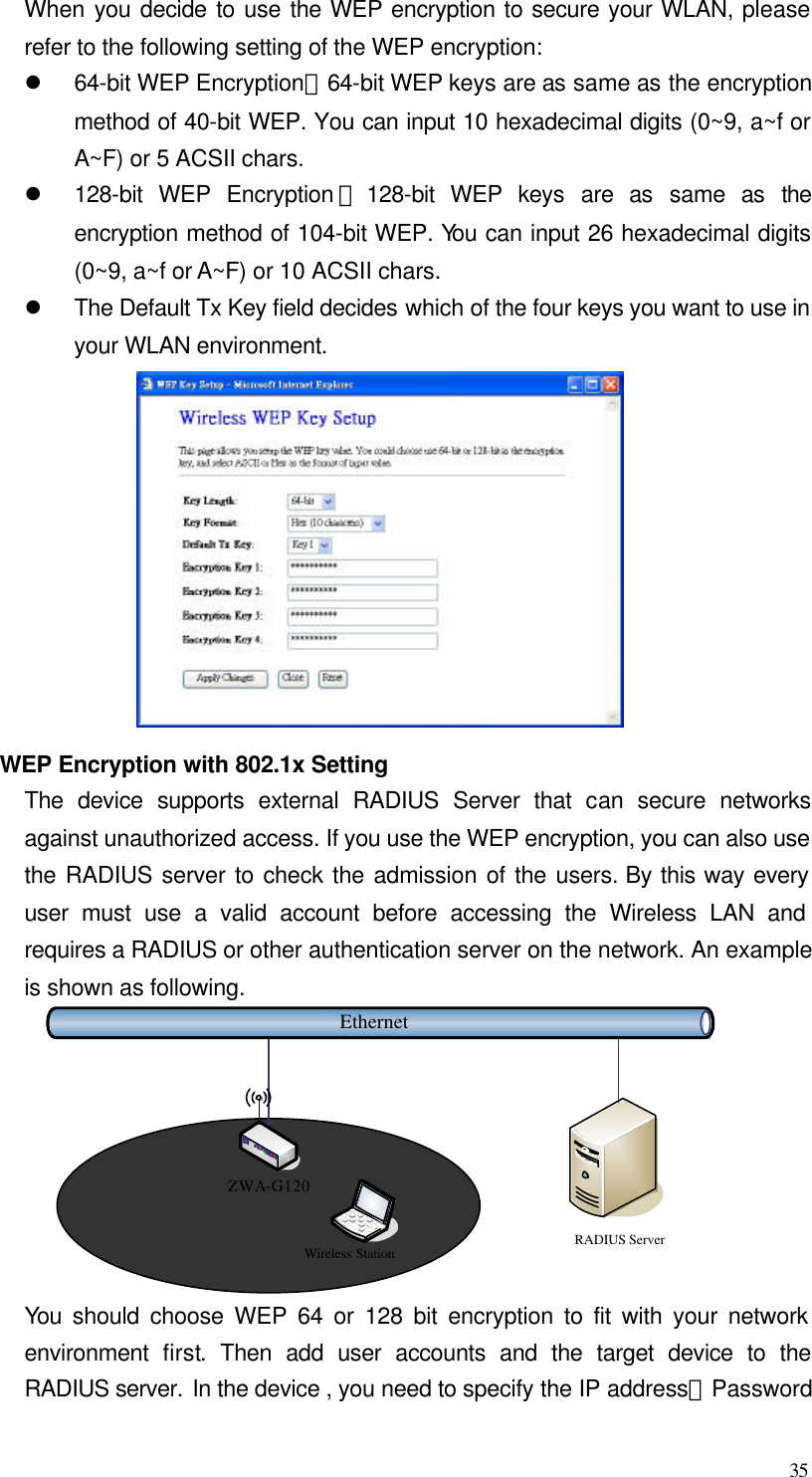  35 When you decide to use the WEP encryption to secure your WLAN, please refer to the following setting of the WEP encryption: l 64-bit WEP Encryption：64-bit WEP keys are as same as the encryption method of 40-bit WEP. You can input 10 hexadecimal digits (0~9, a~f or A~F) or 5 ACSII chars. l 128-bit WEP Encryption ：128-bit WEP keys are as same as the encryption method of 104-bit WEP. You can input 26 hexadecimal digits (0~9, a~f or A~F) or 10 ACSII chars. l The Default Tx Key field decides which of the four keys you want to use in your WLAN environment.  WEP Encryption with 802.1x Setting The device supports external RADIUS Server that can secure networks against unauthorized access. If you use the WEP encryption, you can also use the RADIUS server to check the admission of the users. By this way every user must use a valid account before accessing the Wireless LAN and requires a RADIUS or other authentication server on the network. An example is shown as following. EthernetRADIUS ServerWireless StationZWA-G120 You  should choose WEP 64 or 128 bit encryption to fit with your network environment first.  Then add user accounts and the target device to the RADIUS server. In the device , you need to specify the IP address、Password 