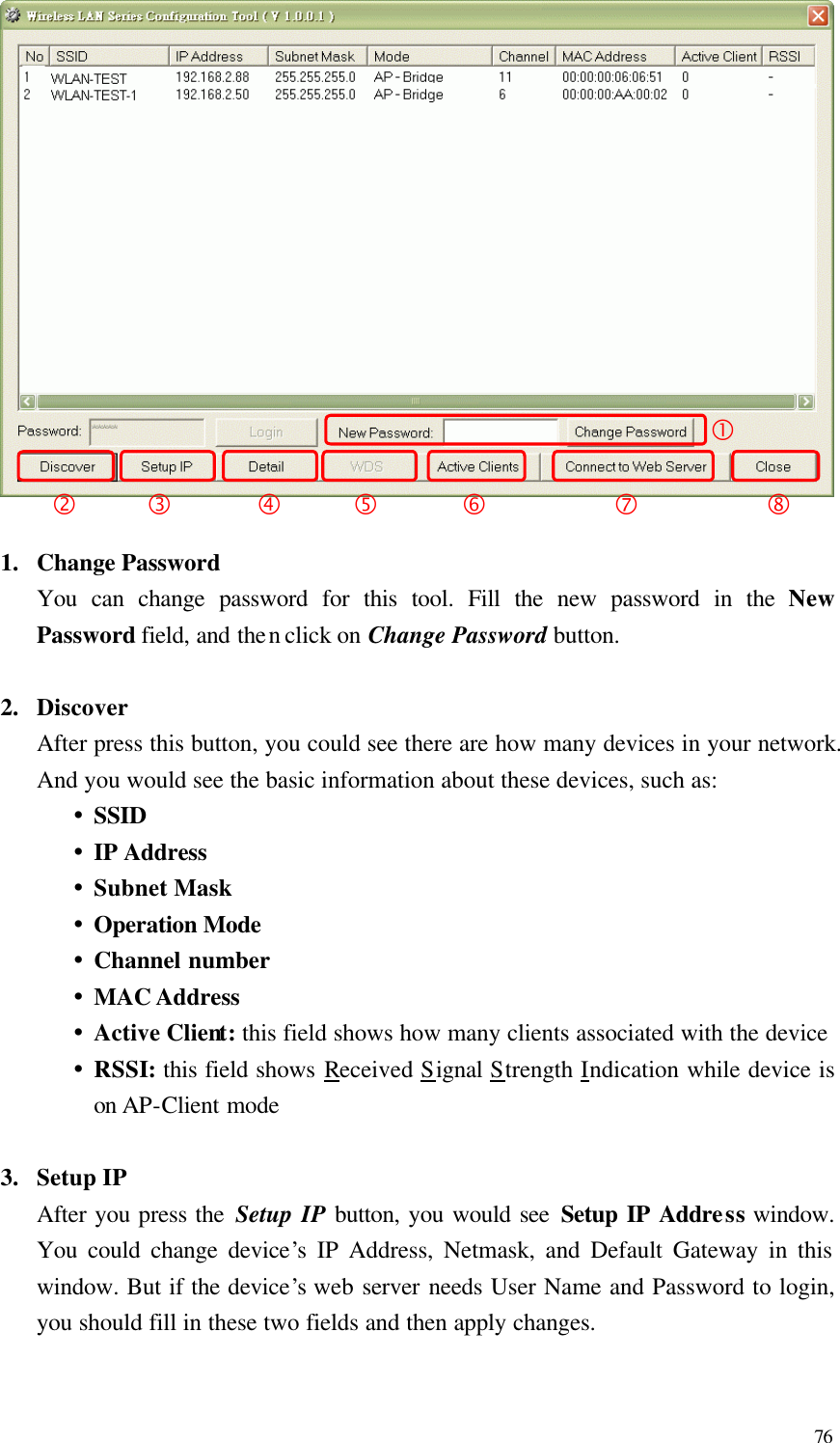  76  1.  Change Password You can change password for this tool. Fill the new password in the New Password field, and then click on Change Password button.  2.  Discover After press this button, you could see there are how many devices in your network. And you would see the basic information about these devices, such as: Ÿ SSID Ÿ IP Address Ÿ Subnet Mask Ÿ Operation Mode Ÿ Channel number Ÿ MAC Address Ÿ Active Client: this field shows how many clients associated with the device Ÿ RSSI: this field shows Received Signal Strength Indication while device is on AP-Client mode  3.  Setup IP After you press the Setup IP button, you would see Setup IP Address window. You could change device’s IP Address, Netmask, and Default Gateway in this window. But if the device’s web server needs User Name and Password to login, you should fill in these two fields and then apply changes. ‚     ƒ      „     …      †         ‡         ˆ •