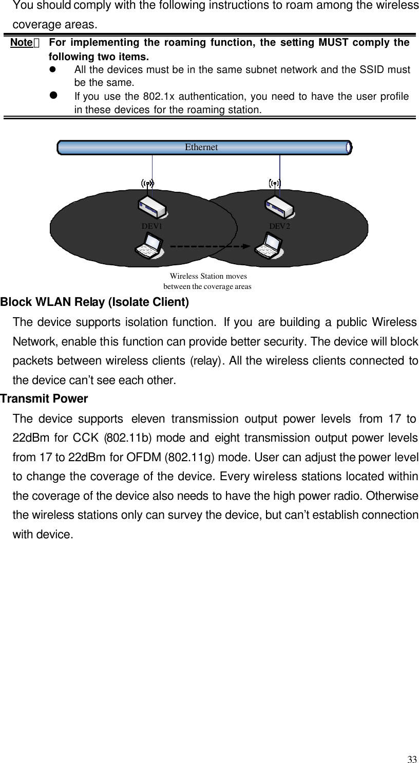 33 You should comply with the following instructions to roam among the wireless coverage areas. Note： For implementing the roaming function, the setting MUST comply the following two items. l All the devices must be in the same subnet network and the SSID must be the same. l If you use the 802.1x authentication, you need to have the user profile in these devices for the roaming station.  EthernetWireless Station moves between the coverage areasDEV1DEV2 Block WLAN Relay (Isolate Client) The device supports isolation function.  If you are building a public Wireless Network, enable this function can provide better security. The device will block packets between wireless clients (relay). All the wireless clients connected to the device can’t see each other. Transmit Power The device supports eleven transmission output power levels from 17 to 22dBm for CCK (802.11b) mode and eight transmission output power levels from 17 to 22dBm for OFDM (802.11g) mode. User can adjust the power level to change the coverage of the device. Every wireless stations located within the coverage of the device also needs to have the high power radio. Otherwise the wireless stations only can survey the device, but can’t establish connection with device. 