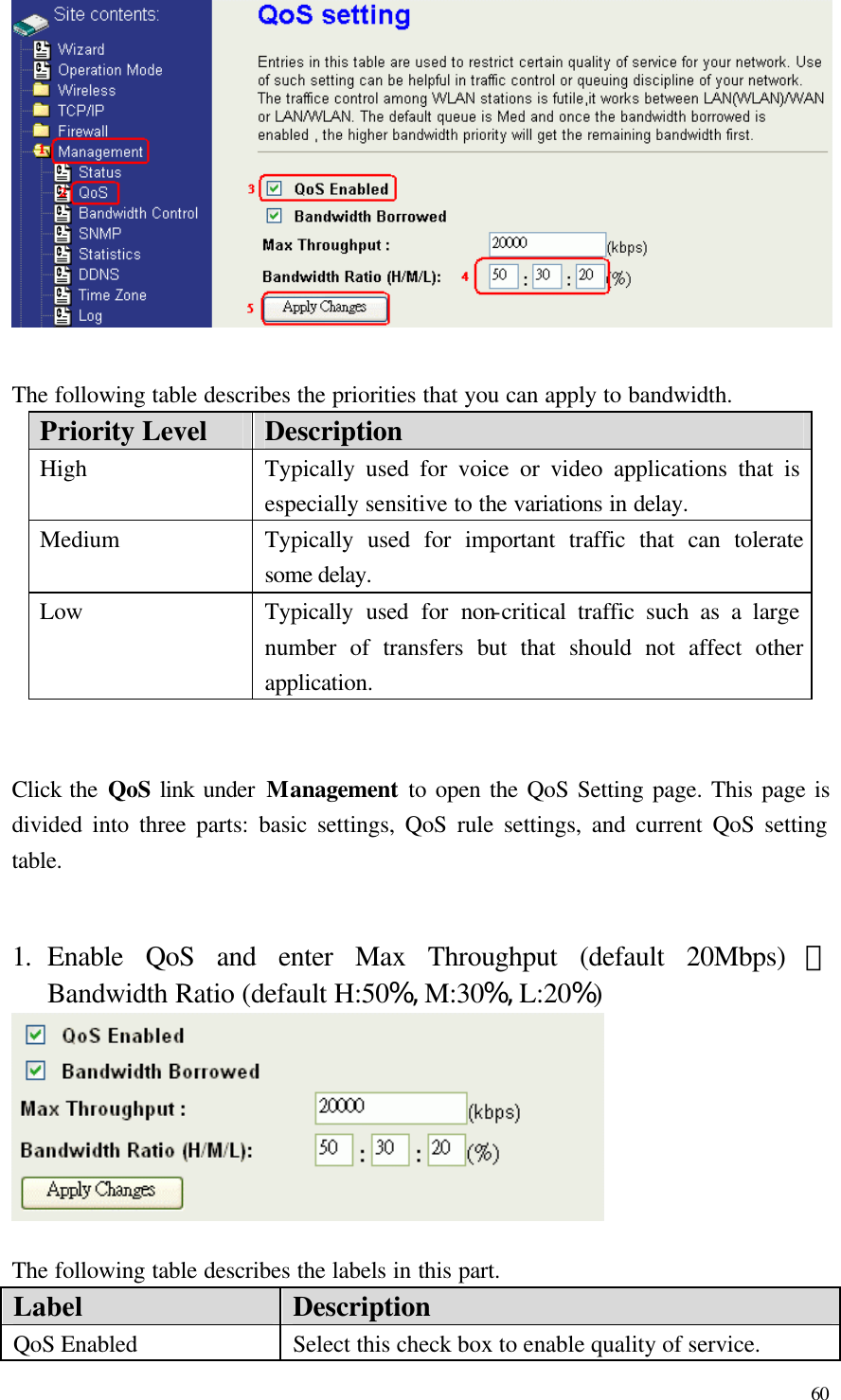  60   The following table describes the priorities that you can apply to bandwidth. Priority Level Description High  Typically used for voice or video applications that is especially sensitive to the variations in delay. Medium Typically used for important traffic that can tolerate some delay. Low Typically used for non-critical traffic such as a large number of transfers but that should not affect other application.   Click the QoS link under Management to open the QoS Setting page. This page is divided into three parts: basic settings, QoS rule settings, and current QoS setting table.   1. Enable QoS and enter Max Throughput (default 20Mbps) 、Bandwidth Ratio (default H:50%, M:30%, L:20%)   The following table describes the labels in this part. Label Description QoS Enabled Select this check box to enable quality of service. 