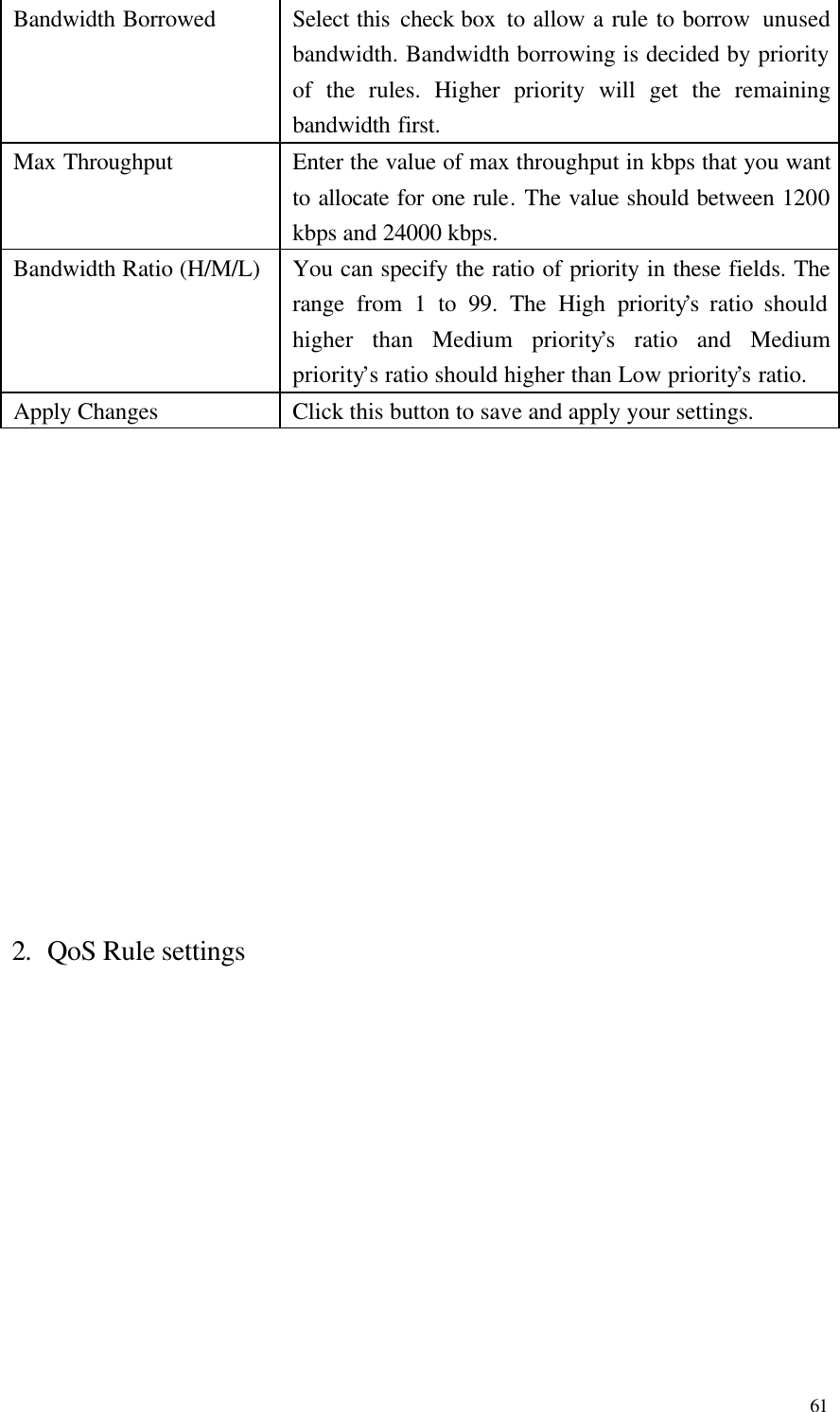  61 Bandwidth Borrowed Select this check box  to allow a rule to borrow  unused bandwidth. Bandwidth borrowing is decided by priority of the rules. Higher priority will get the remaining bandwidth first. Max Throughput Enter the value of max throughput in kbps that you want to allocate for one rule. The value should between 1200 kbps and 24000 kbps. Bandwidth Ratio (H/M/L) You can specify the ratio of priority in these fields. The range from 1 to 99. The High priority’s ratio should higher than Medium priority’s ratio and Medium priority’s ratio should higher than Low priority’s ratio. Apply Changes Click this button to save and apply your settings.                 2. QoS Rule settings 