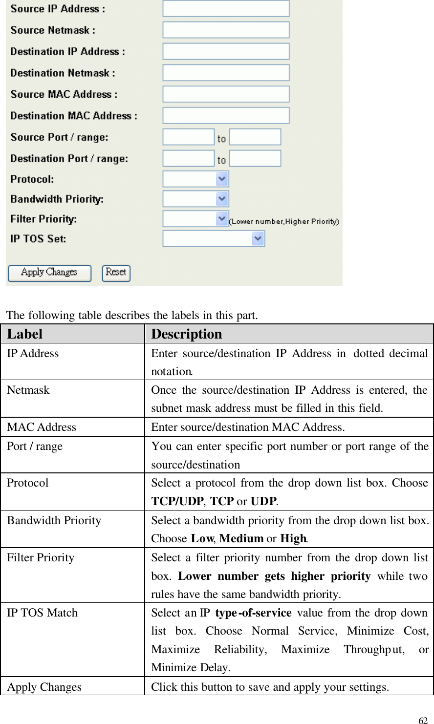  62   The following table describes the labels in this part. Label Description IP Address Enter source/destination IP Address in  dotted decimal notation. Netmask Once the source/destination IP Address is entered, the subnet mask address must be filled in this field. MAC Address Enter source/destination MAC Address. Port / range You can enter specific port number or port range of the source/destination Protocol Select a protocol from the drop down list box. Choose TCP/UDP, TCP or UDP. Bandwidth Priority Select a bandwidth priority from the drop down list box. Choose Low, Medium or High. Filter Priority Select a filter priority number from the drop down list box.  Lower number gets higher priority while two rules have the same bandwidth priority. IP TOS Match Select an IP  type-of-service value from the drop down list box. Choose Normal Service, Minimize Cost, Maximize Reliability, Maximize Throughput, or Minimize Delay. Apply Changes Click this button to save and apply your settings. 