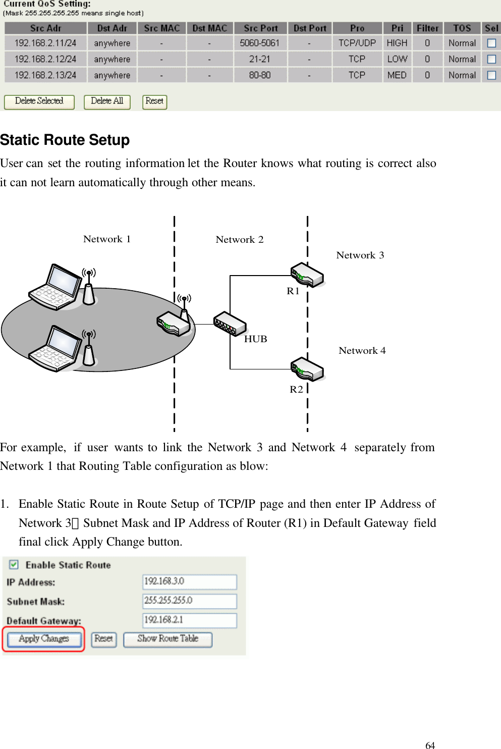  64   Static Route Setup User can set the routing information let the Router knows what routing is correct also it can not learn automatically through other means.    Network 1Network 2Network 3Network 4R1R2HUB For example,  if user wants to link the Network 3 and Network 4  separately from Network 1 that Routing Table configuration as blow:  1.  Enable Static Route in Route Setup of TCP/IP page and then enter IP Address of Network 3、Subnet Mask and IP Address of Router (R1) in Default Gateway field final click Apply Change button.     