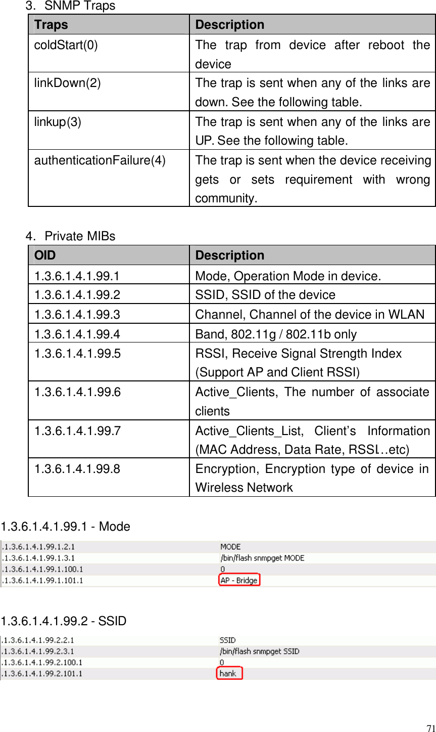  71  3. SNMP Traps Traps Description coldStart(0) The  trap from device after reboot the device linkDown(2) The trap is sent when any of the links are down. See the following table. linkup(3) The trap is sent when any of the links are UP. See the following table. authenticationFailure(4) The trap is sent when the device receiving gets or sets requirement with wrong community.  4. Private MIBs OID Description 1.3.6.1.4.1.99.1 Mode, Operation Mode in device. 1.3.6.1.4.1.99.2 SSID, SSID of the device 1.3.6.1.4.1.99.3 Channel, Channel of the device in WLAN 1.3.6.1.4.1.99.4 Band, 802.11g / 802.11b only   1.3.6.1.4.1.99.5 RSSI, Receive Signal Strength Index (Support AP and Client RSSI) 1.3.6.1.4.1.99.6 Active_Clients, The number of associate clients   1.3.6.1.4.1.99.7 Active_Clients_List,  Client’s Information (MAC Address, Data Rate, RSSI…etc) 1.3.6.1.4.1.99.8 Encryption, Encryption type of device in Wireless Network    1.3.6.1.4.1.99.1 - Mode   1.3.6.1.4.1.99.2 - SSID   