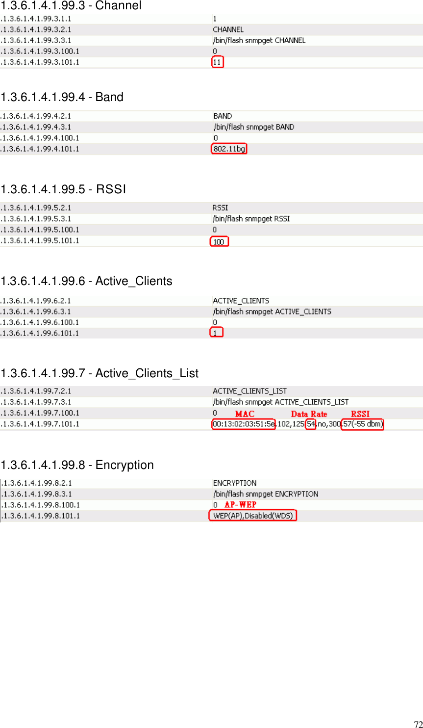  72 1.3.6.1.4.1.99.3 - Channel   1.3.6.1.4.1.99.4 - Band   1.3.6.1.4.1.99.5 - RSSI   1.3.6.1.4.1.99.6 - Active_Clients   1.3.6.1.4.1.99.7 - Active_Clients_List   1.3.6.1.4.1.99.8 - Encryption           