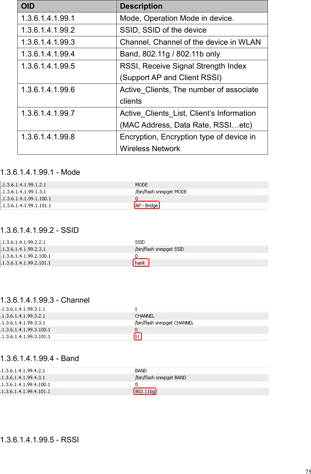 75OID  Description 1.3.6.1.4.1.99.1  Mode, Operation Mode in device. 1.3.6.1.4.1.99.2  SSID, SSID of the device 1.3.6.1.4.1.99.3  Channel, Channel of the device in WLAN 1.3.6.1.4.1.99.4  Band, 802.11g / 802.11b only   1.3.6.1.4.1.99.5  RSSI, Receive Signal Strength Index (Support AP and Client RSSI) 1.3.6.1.4.1.99.6  Active_Clients, The number of associate clients  1.3.6.1.4.1.99.7  Active_Clients_List, Client’s Information (MAC Address, Data Rate, RSSI…etc) 1.3.6.1.4.1.99.8  Encryption, Encryption type of device in Wireless Network    1.3.6.1.4.1.99.1 - Mode   1.3.6.1.4.1.99.2 - SSID    1.3.6.1.4.1.99.3 - Channel   1.3.6.1.4.1.99.4 - Band     1.3.6.1.4.1.99.5 - RSSI 