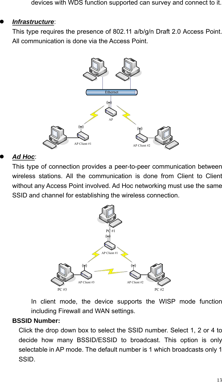  13devices with WDS function supported can survey and connect to it.  z Infrastructure: This type requires the presence of 802.11 a/b/g/n Draft 2.0 Access Point. All communication is done via the Access Point.  EthernetAPAP Client #2AP Client #1  z Ad Hoc:   This type of connection provides a peer-to-peer communication between wireless stations. All the communication is done from Client to Client without any Access Point involved. Ad Hoc networking must use the same SSID and channel for establishing the wireless connection. PC #3 PC #2AP Client #1AP Client #2AP Client #3PC #1 In client mode, the device supports the WISP mode function including Firewall and WAN settings. BSSID Number:   Click the drop down box to select the SSID number. Select 1, 2 or 4 to decide how many BSSID/ESSID to broadcast. This option is only selectable in AP mode. The default number is 1 which broadcasts only 1 SSID. 