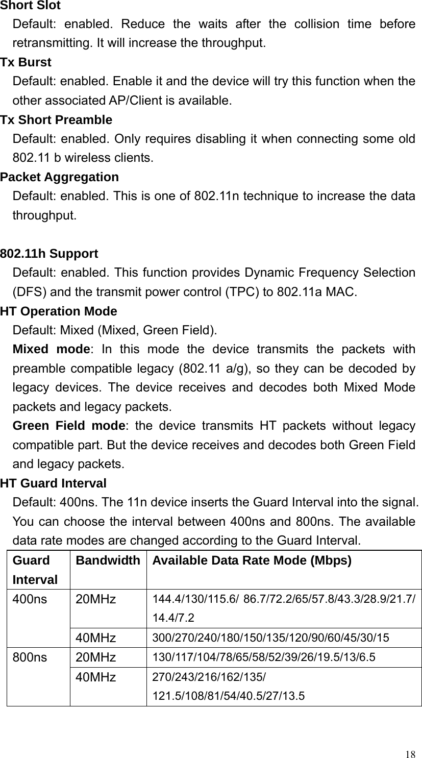  18Short Slot Default: enabled. Reduce the waits after the collision time before retransmitting. It will increase the throughput. Tx Burst Default: enabled. Enable it and the device will try this function when the other associated AP/Client is available. Tx Short Preamble Default: enabled. Only requires disabling it when connecting some old 802.11 b wireless clients. Packet Aggregation Default: enabled. This is one of 802.11n technique to increase the data throughput.  802.11h Support Default: enabled. This function provides Dynamic Frequency Selection (DFS) and the transmit power control (TPC) to 802.11a MAC. HT Operation Mode Default: Mixed (Mixed, Green Field).   Mixed mode: In this mode the device transmits the packets with preamble compatible legacy (802.11 a/g), so they can be decoded by legacy devices. The device receives and decodes both Mixed Mode packets and legacy packets. Green Field mode: the device transmits HT packets without legacy compatible part. But the device receives and decodes both Green Field and legacy packets. HT Guard Interval Default: 400ns. The 11n device inserts the Guard Interval into the signal. You can choose the interval between 400ns and 800ns. The available data rate modes are changed according to the Guard Interval. Guard Interval Bandwidth Available Data Rate Mode (Mbps) 20MHz  144.4/130/115.6/ 86.7/72.2/65/57.8/43.3/28.9/21.7/ 14.4/7.2 400ns 40MHz  300/270/240/180/150/135/120/90/60/45/30/15 20MHz  130/117/104/78/65/58/52/39/26/19.5/13/6.5 800ns 40MHz  270/243/216/162/135/ 121.5/108/81/54/40.5/27/13.5  