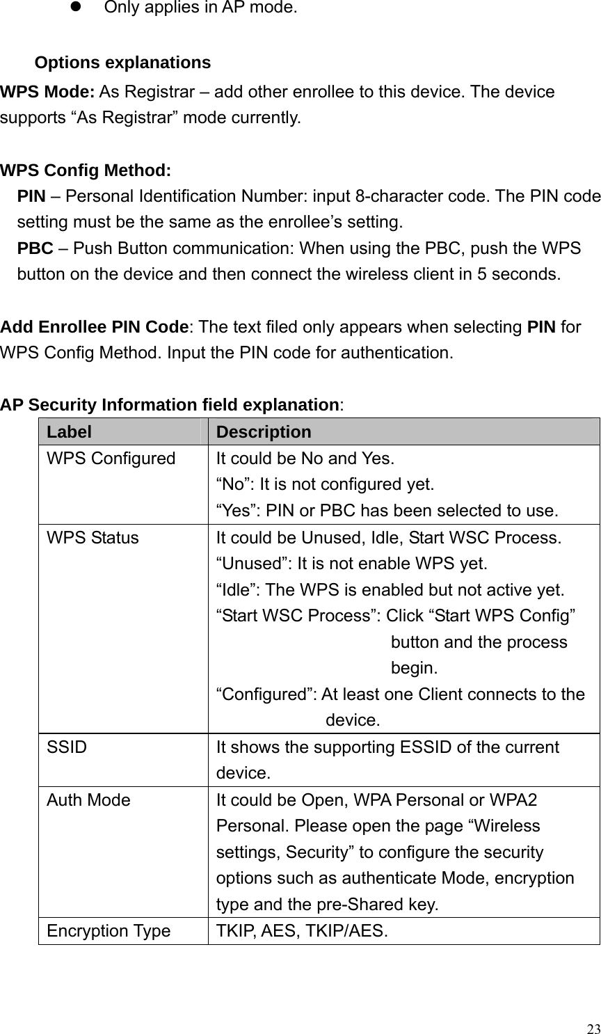  23z  Only applies in AP mode.  Options explanations WPS Mode: As Registrar – add other enrollee to this device. The device supports “As Registrar” mode currently.  WPS Config Method: PIN – Personal Identification Number: input 8-character code. The PIN code setting must be the same as the enrollee’s setting. PBC – Push Button communication: When using the PBC, push the WPS button on the device and then connect the wireless client in 5 seconds.    Add Enrollee PIN Code: The text filed only appears when selecting PIN for WPS Config Method. Input the PIN code for authentication.  AP Security Information field explanation: Label  Description WPS Configured  It could be No and Yes. “No”: It is not configured yet. “Yes”: PIN or PBC has been selected to use. WPS Status  It could be Unused, Idle, Start WSC Process. “Unused”: It is not enable WPS yet. “Idle”: The WPS is enabled but not active yet. “Start WSC Process”: Click “Start WPS Config” button and the process begin. “Configured”: At least one Client connects to the device. SSID  It shows the supporting ESSID of the current device. Auth Mode  It could be Open, WPA Personal or WPA2 Personal. Please open the page “Wireless settings, Security” to configure the security options such as authenticate Mode, encryption type and the pre-Shared key. Encryption Type  TKIP, AES, TKIP/AES.   