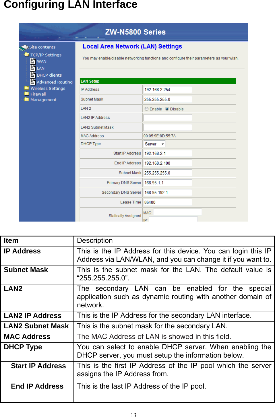  13Configuring LAN Interface   Item  Description IP Address  This is the IP Address for this device. You can login this IP Address via LAN/WLAN, and you can change it if you want to.Subnet Mask  This is the subnet mask for the LAN. The default value is “255.255.255.0”. LAN2  The secondary LAN can be enabled for the special application such as dynamic routing with another domain of network. LAN2 IP Address  This is the IP Address for the secondary LAN interface.   LAN2 Subnet Mask  This is the subnet mask for the secondary LAN. MAC Address  The MAC Address of LAN is showed in this field. DHCP Type  You can select to enable DHCP server. When enabling the DHCP server, you must setup the information below. Start IP Address  This is the first IP Address of the IP pool which the server assigns the IP Address from. End IP Address  This is the last IP Address of the IP pool. 